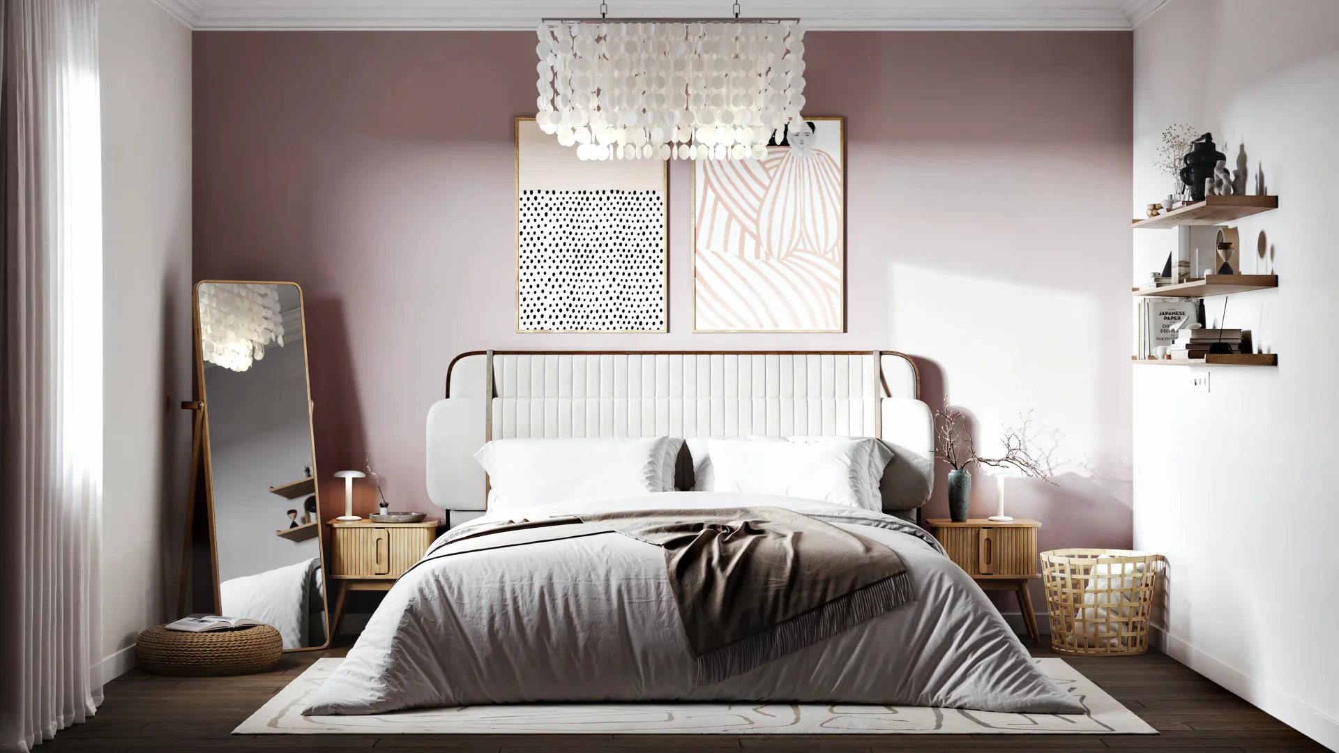 Front view of a bed with bedside tables, bookshelves, mirror, and pouf.