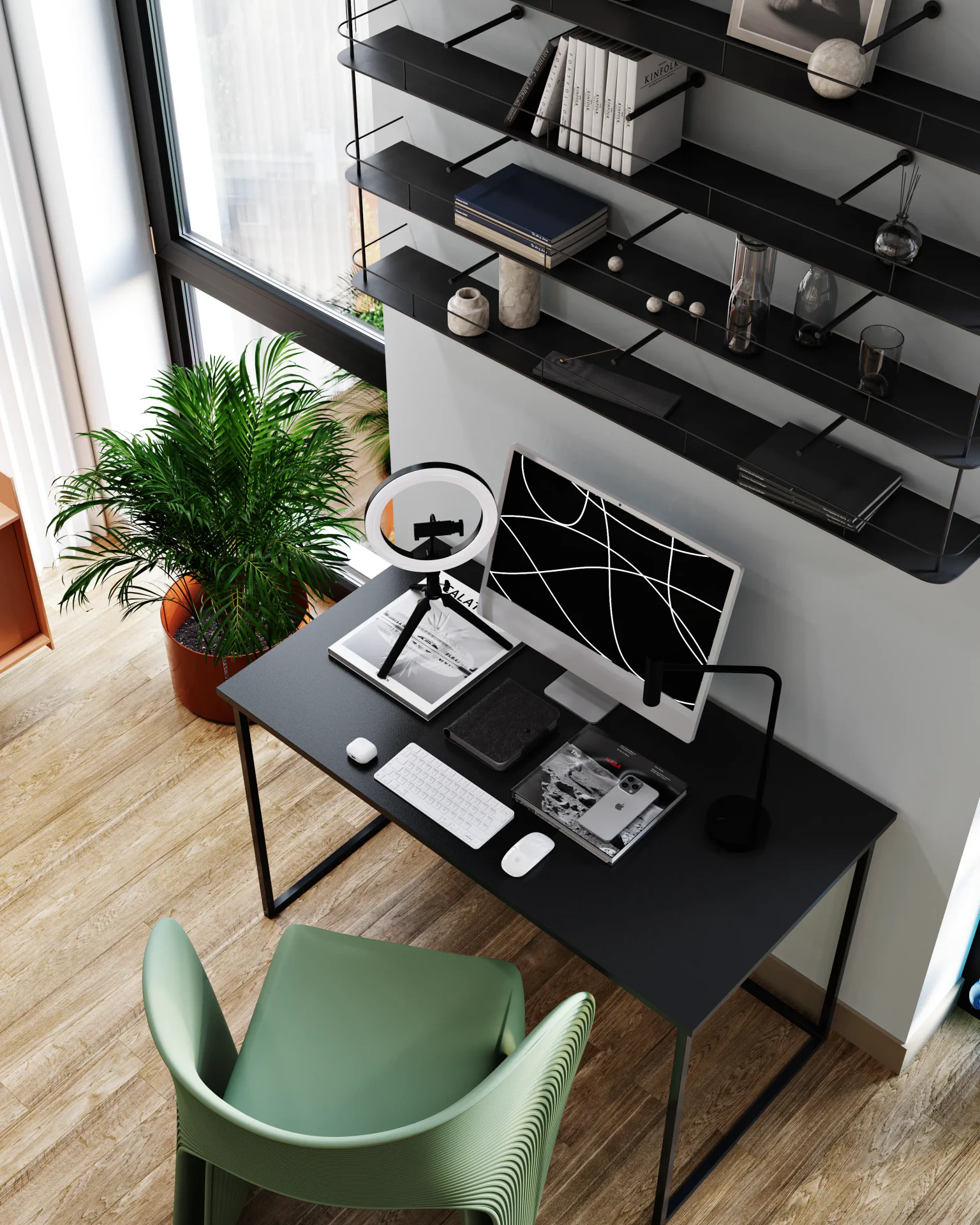 Top view of home office desk layout and wall-mounted shelves