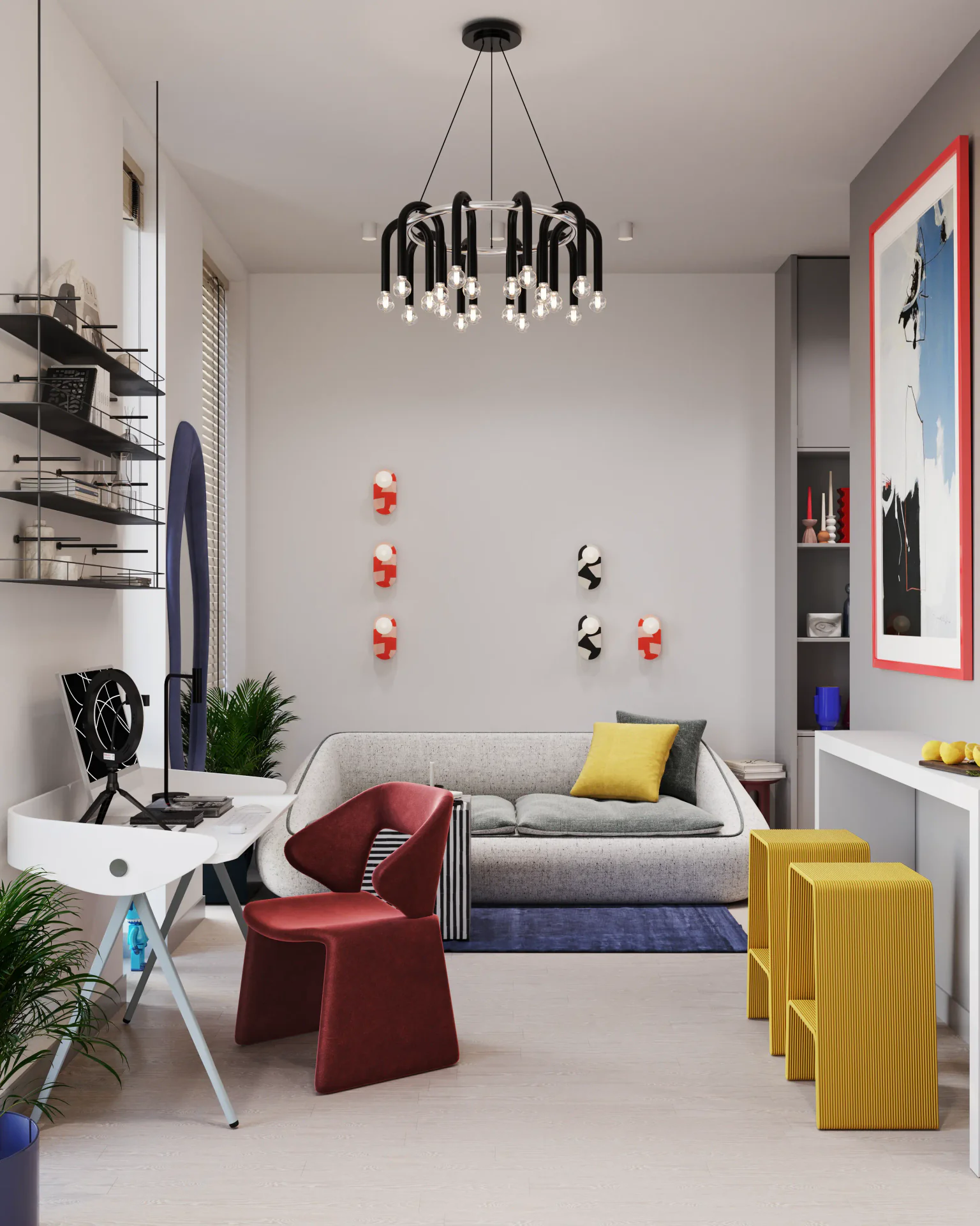 Open-concept room with workspace, sofa, and breakfast bar