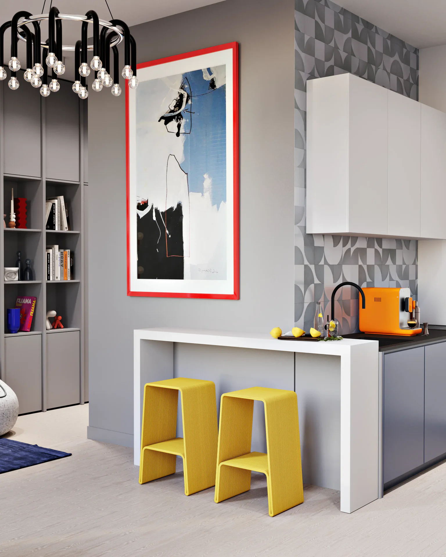 Kitchen bar counter and hallway shelving unit design