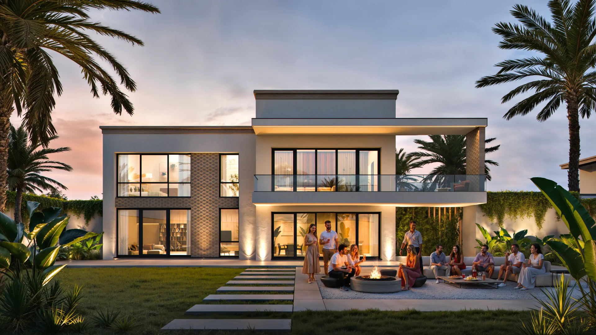 Evening view of a stone townhouse patio with residents enjoying a BBQ area.