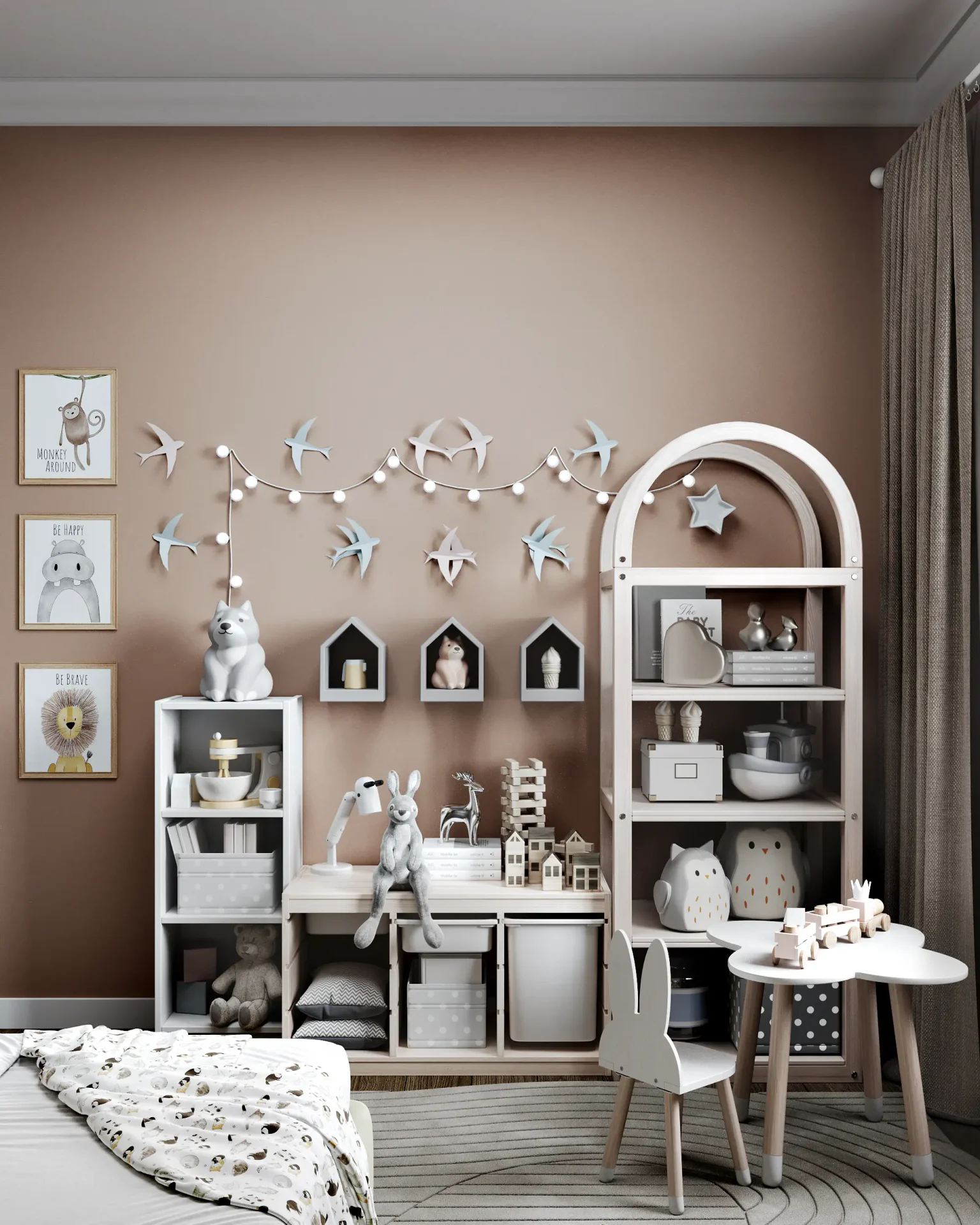 Kids' room storage with a toy rack, books, and drawing table.