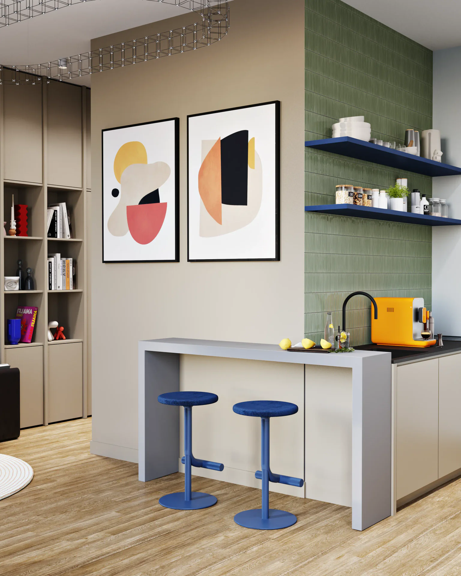 Kitchen bar counter and hallway shelving unit design