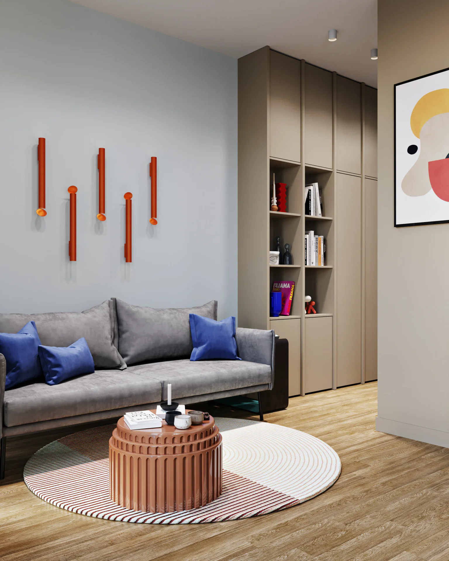 Living room interior with sofa, coffee table, and shelving