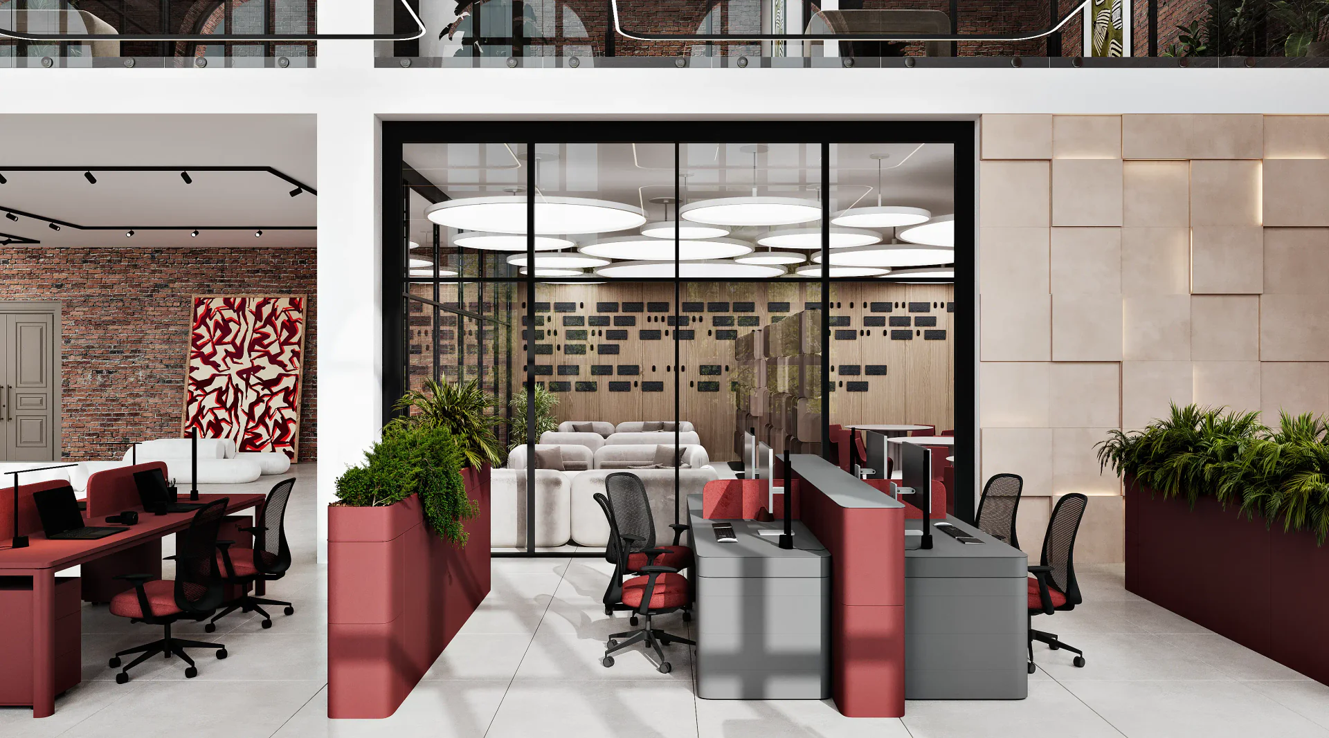Spacious open-plan office layout showing the main entrance, waiting zone, and break room.