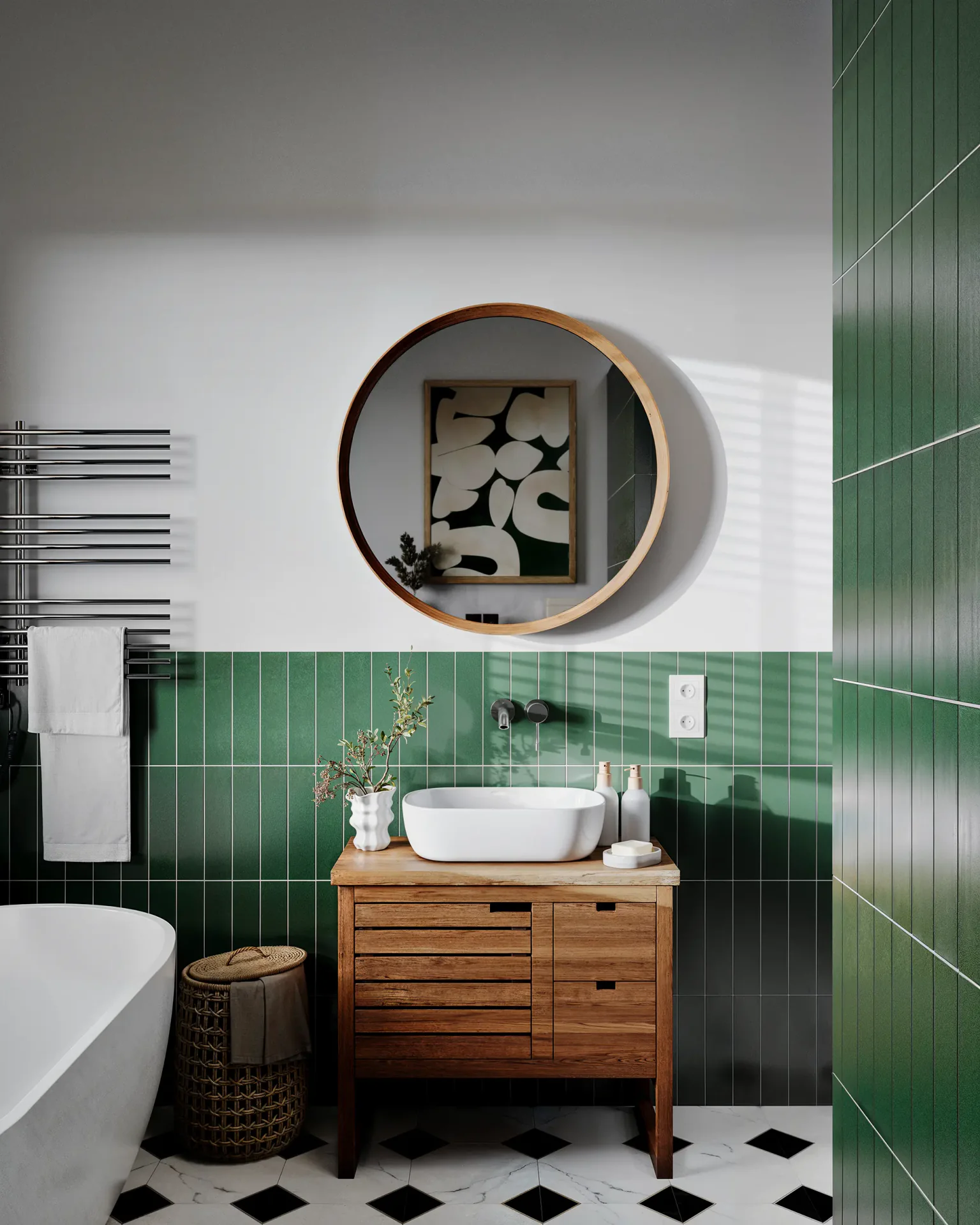 View of a sink, vanity, mirror, towel warmer, and laundry basket.