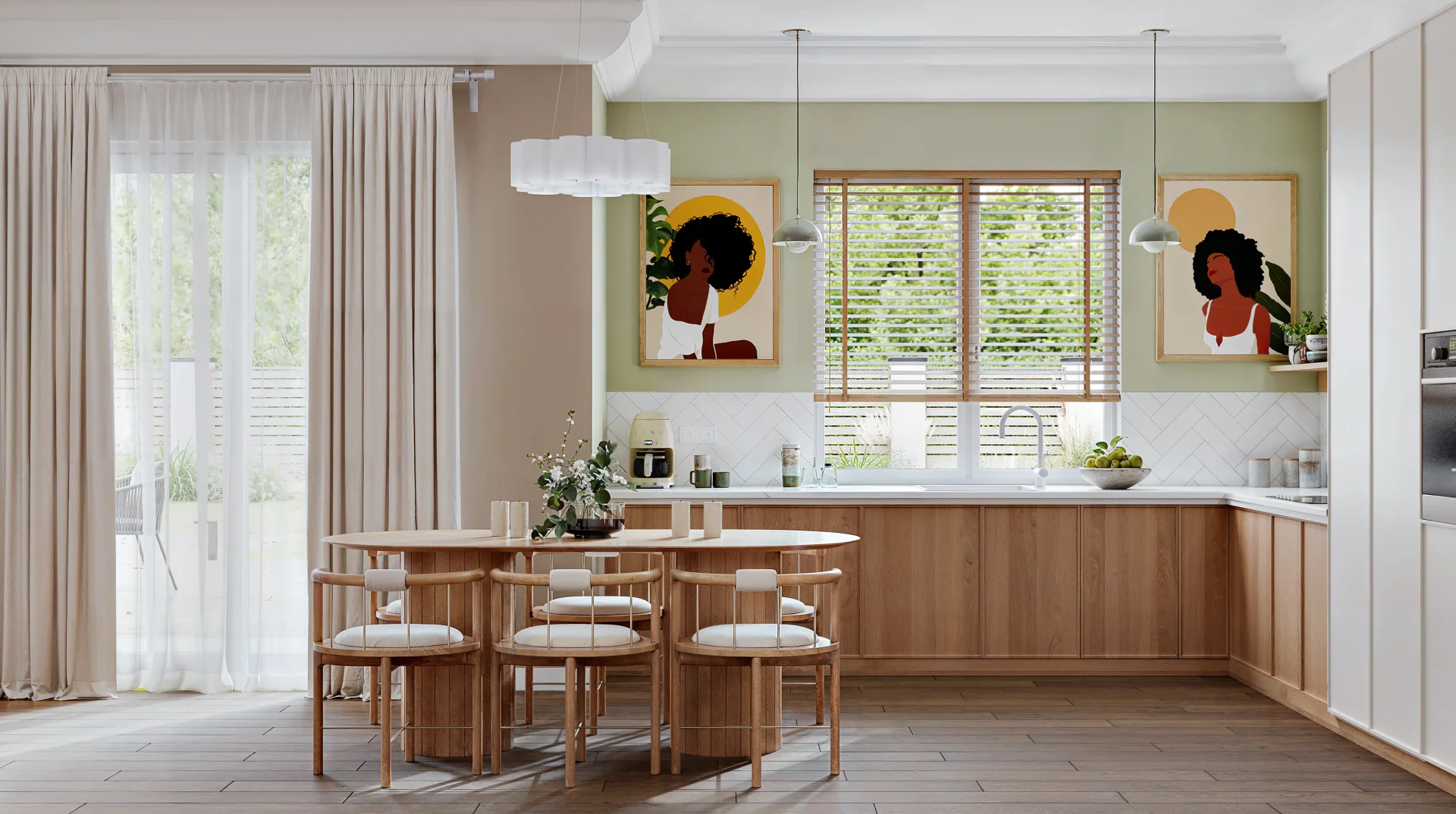 Front view of a kitchen with dining set, open shelves, and built-in fridge.