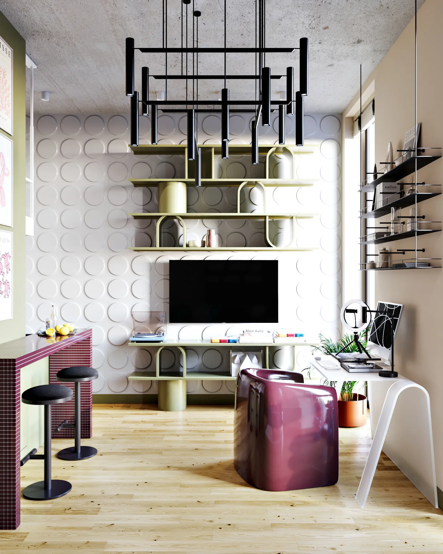 Modern living space with TV wall, home office desk, and bar