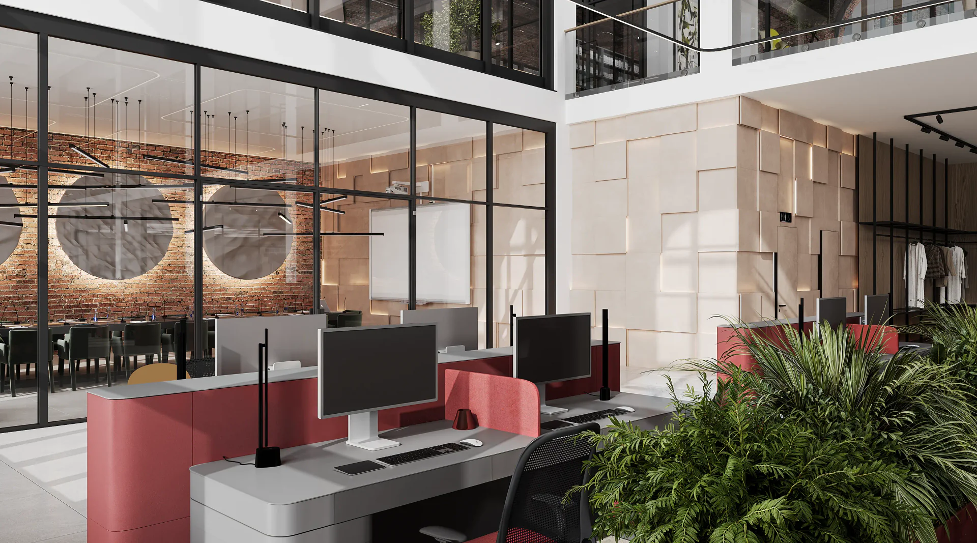 View of a glass-walled conference room from the main open-plan office workspace.