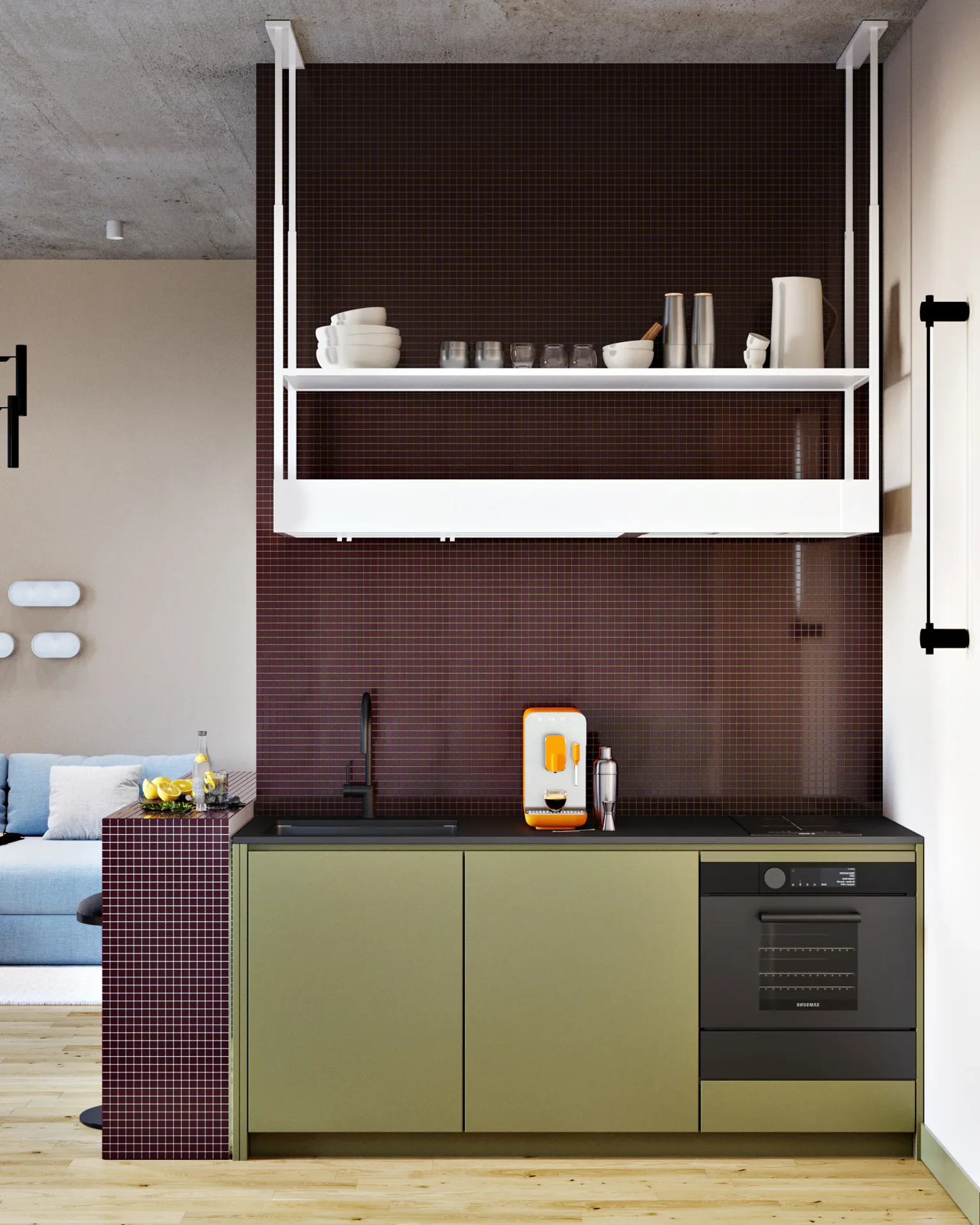 Front elevation of sleek modern kitchen cabinetry