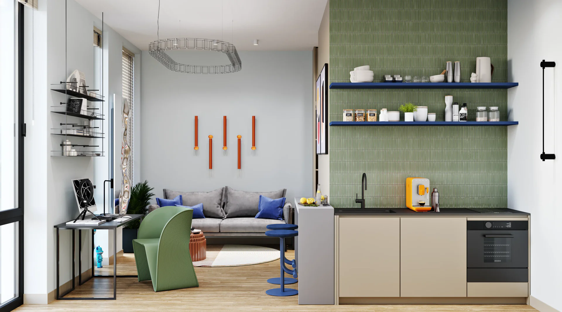 Open-plan studio layout showing kitchen, living, and desk