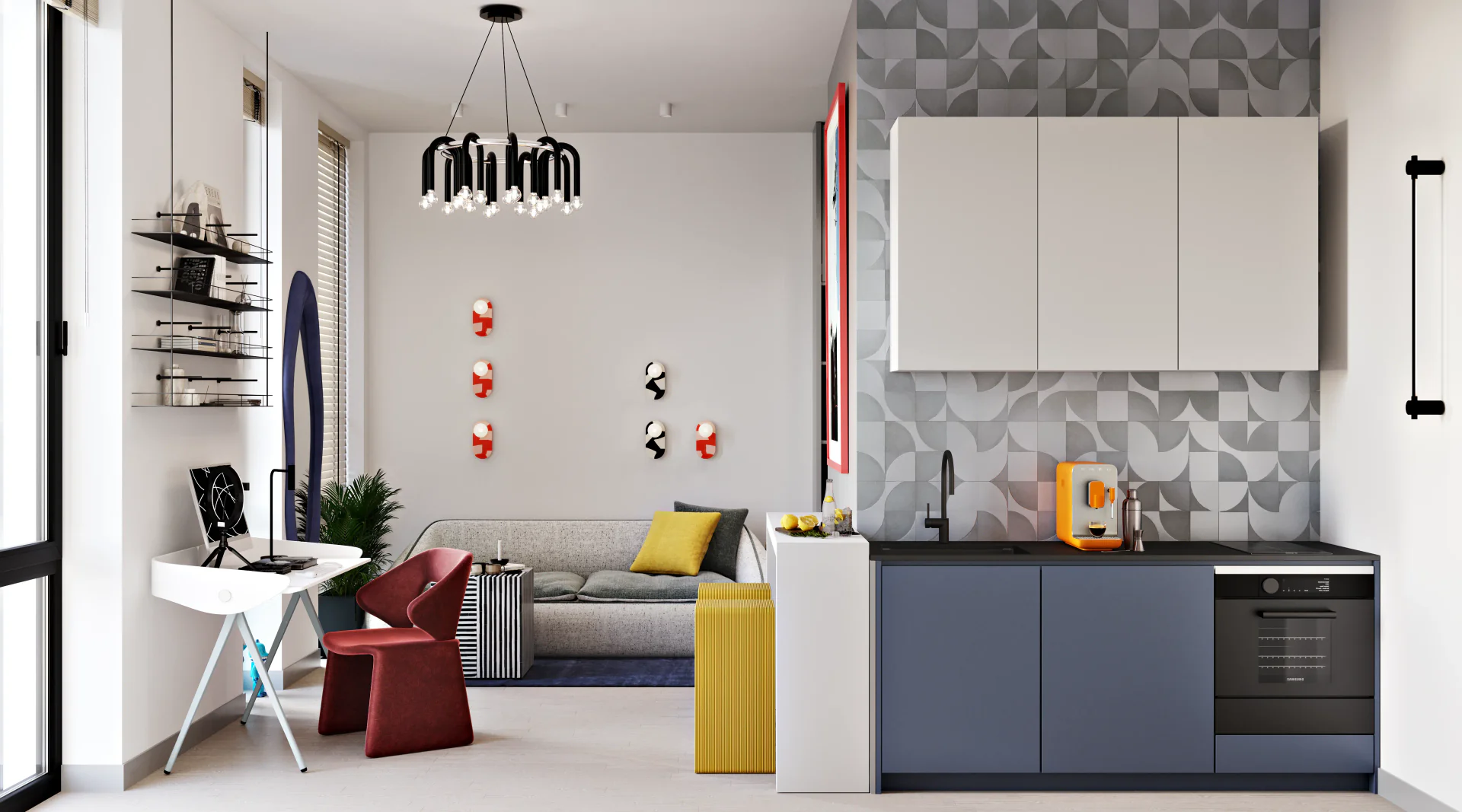 Open-plan studio layout showing kitchen, living, and desk