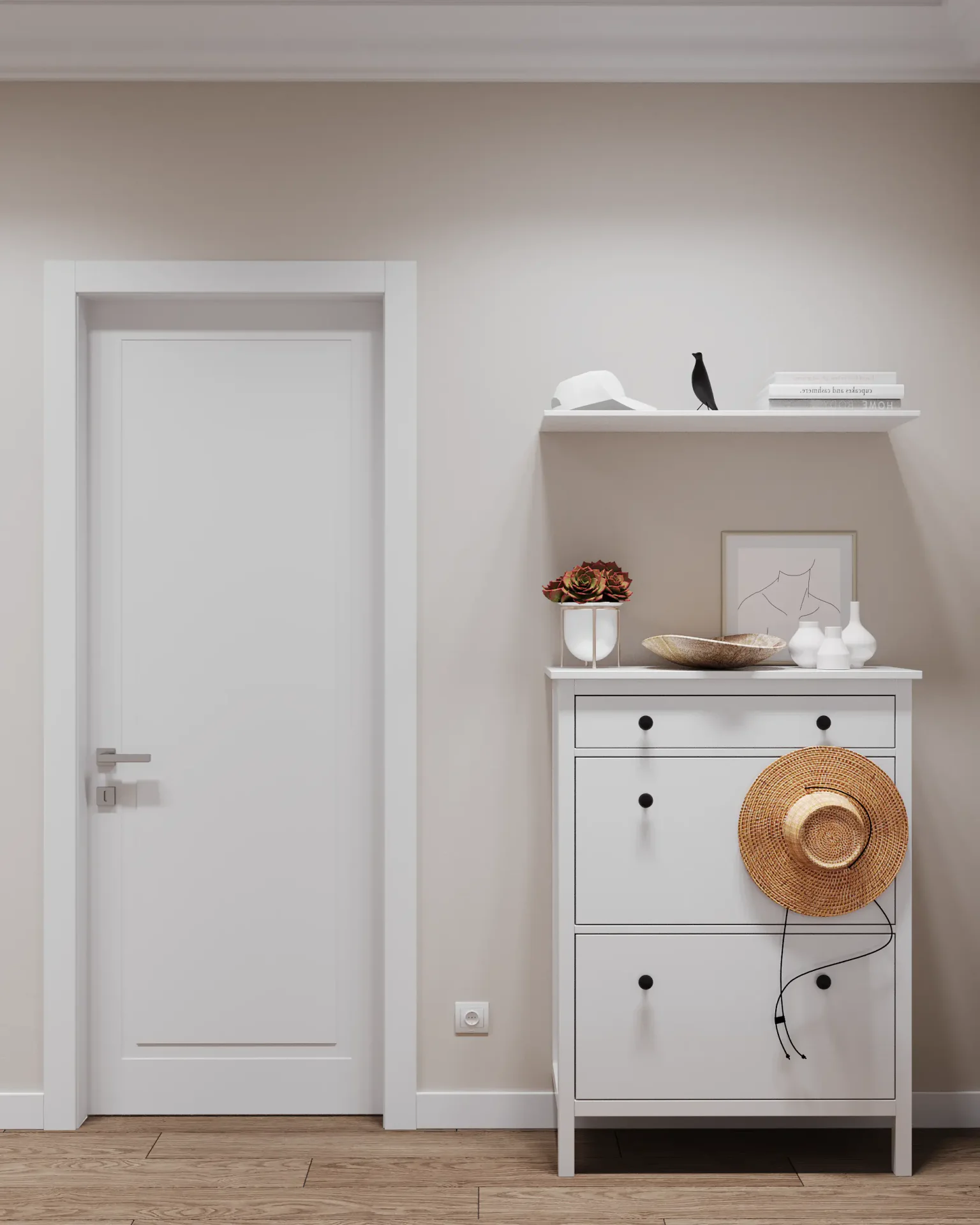 Front view of a hallway chest of drawers.