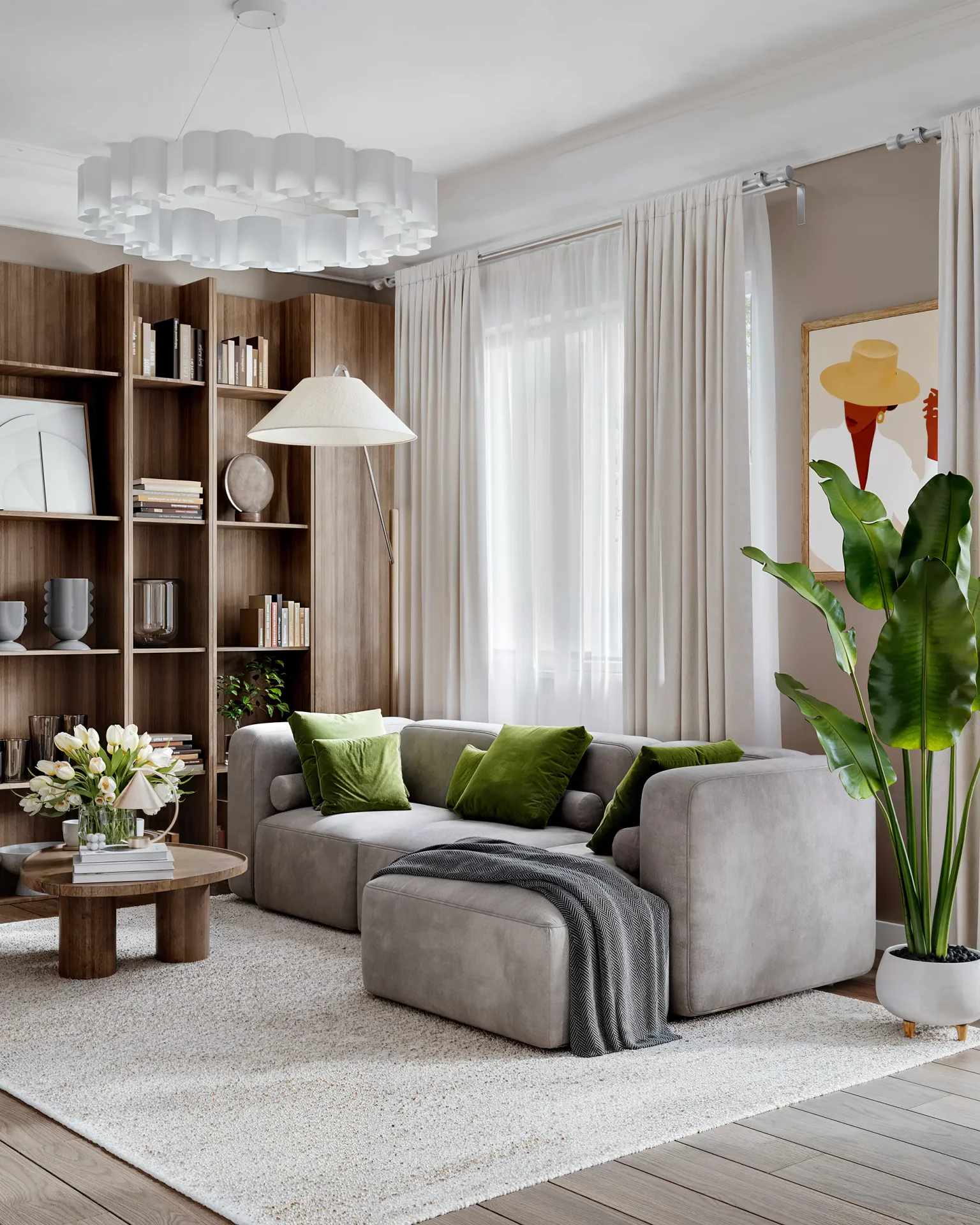 Angled living room view with a sofa, shelving, floor lamp, and coffee table.