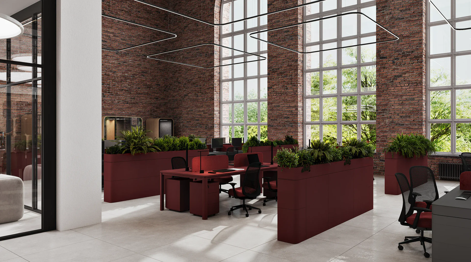 Modern open office workspace featuring partitioned desks and acoustic meeting pods.