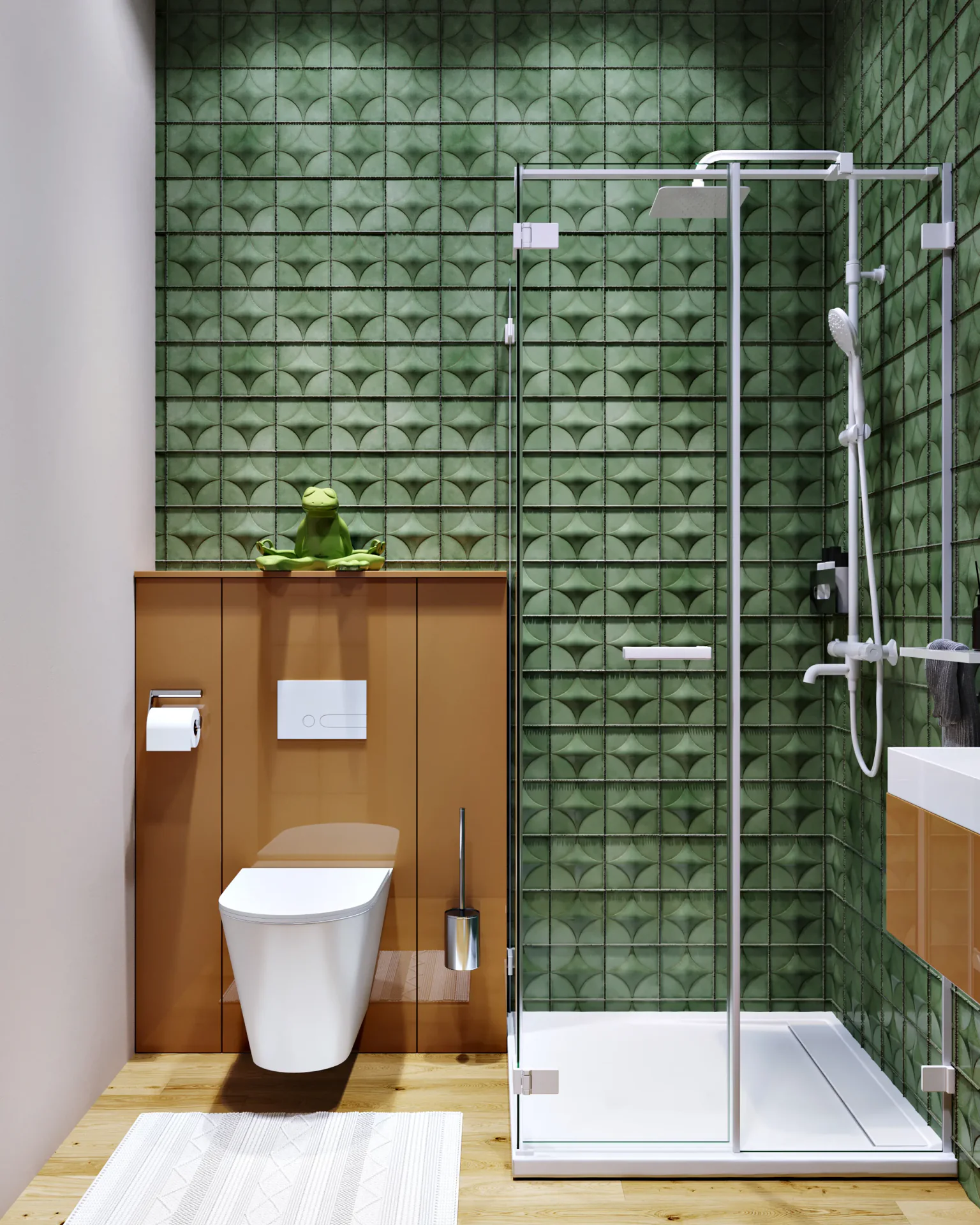 Front view of modern walk-in shower and wall-hung toilet