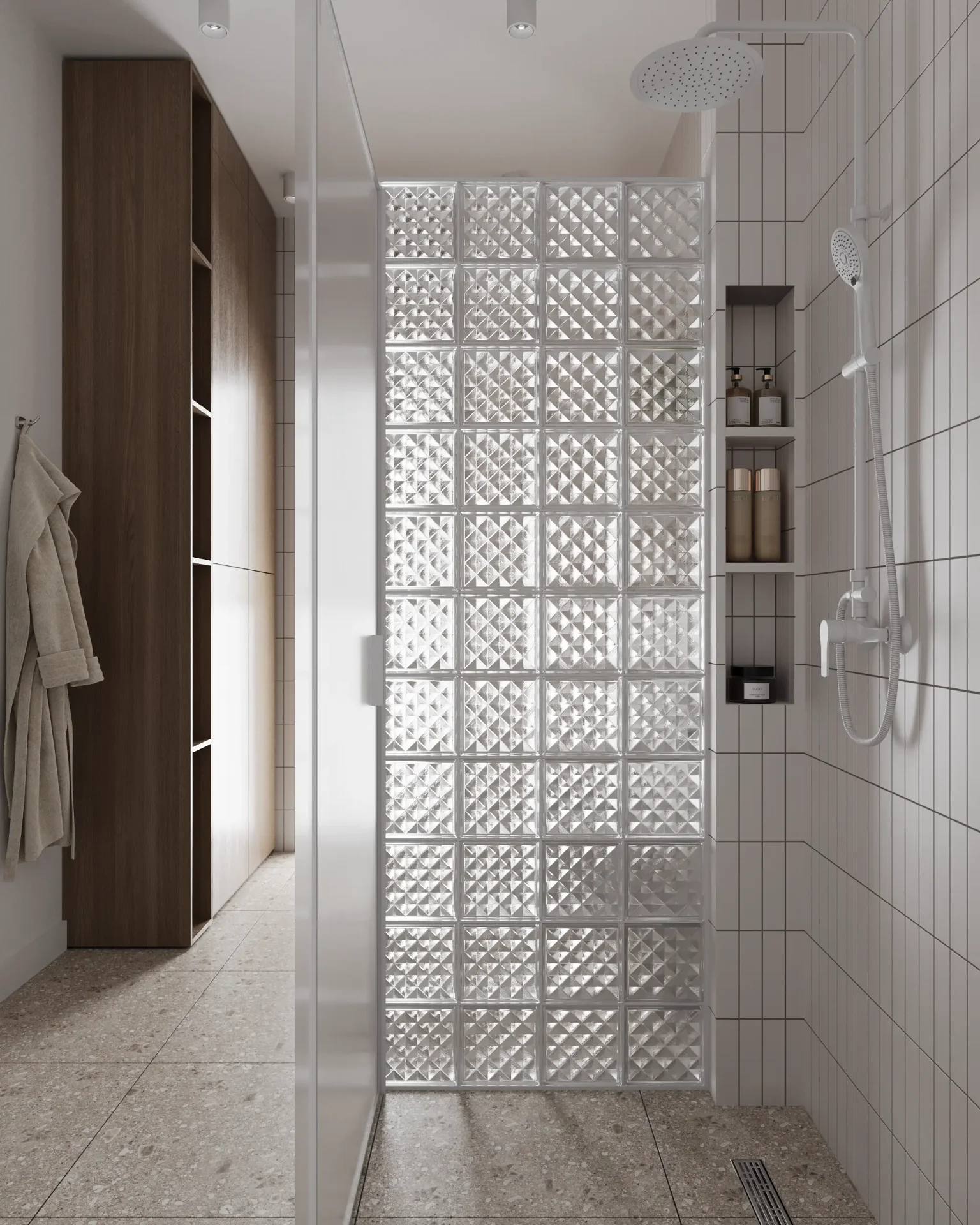 Shower view with cosmetic shelves, window, and storage cabinet.