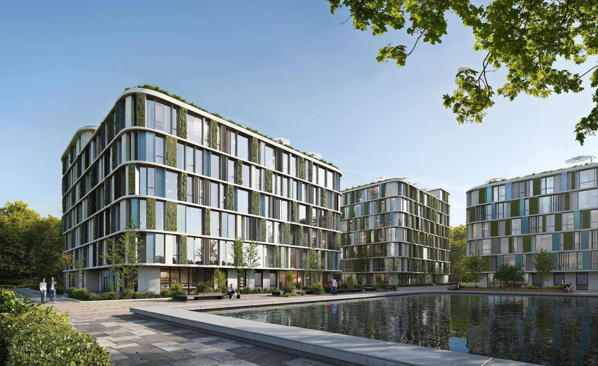 Overview of a residential community showing houses, a central pool, and residents enjoying the area.