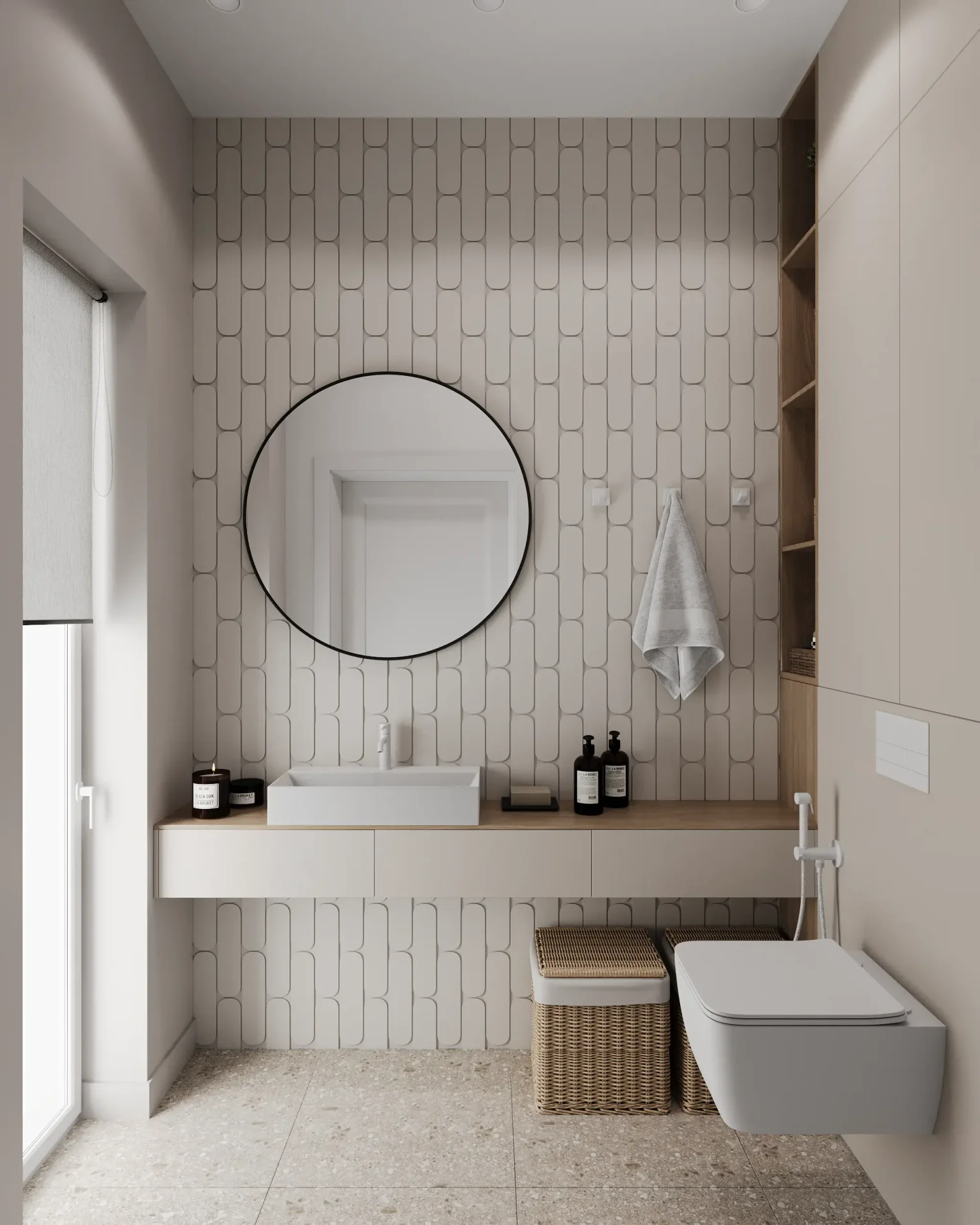 Guest bathroom view with sink vanity and toilet installation.