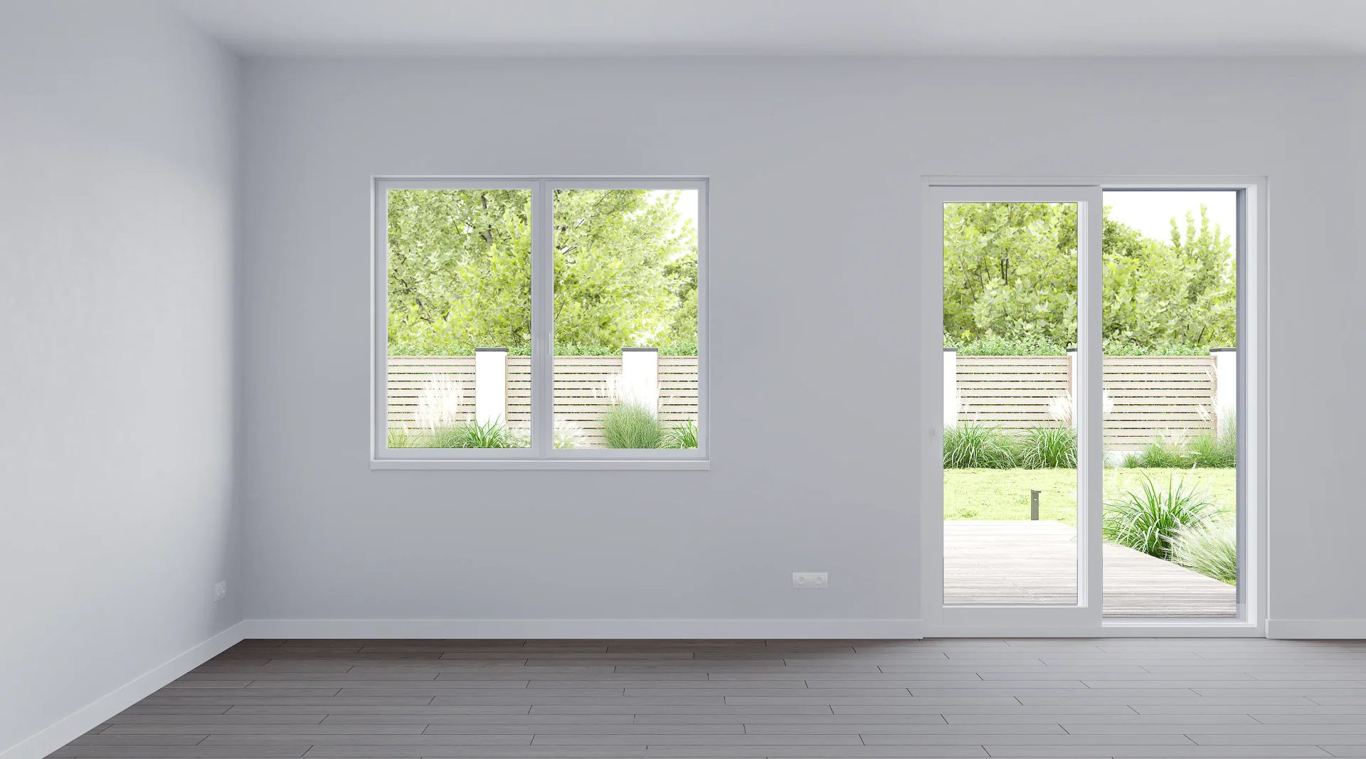 Living room finishes detail showing painted walls, parquet flooring, and baseboards.