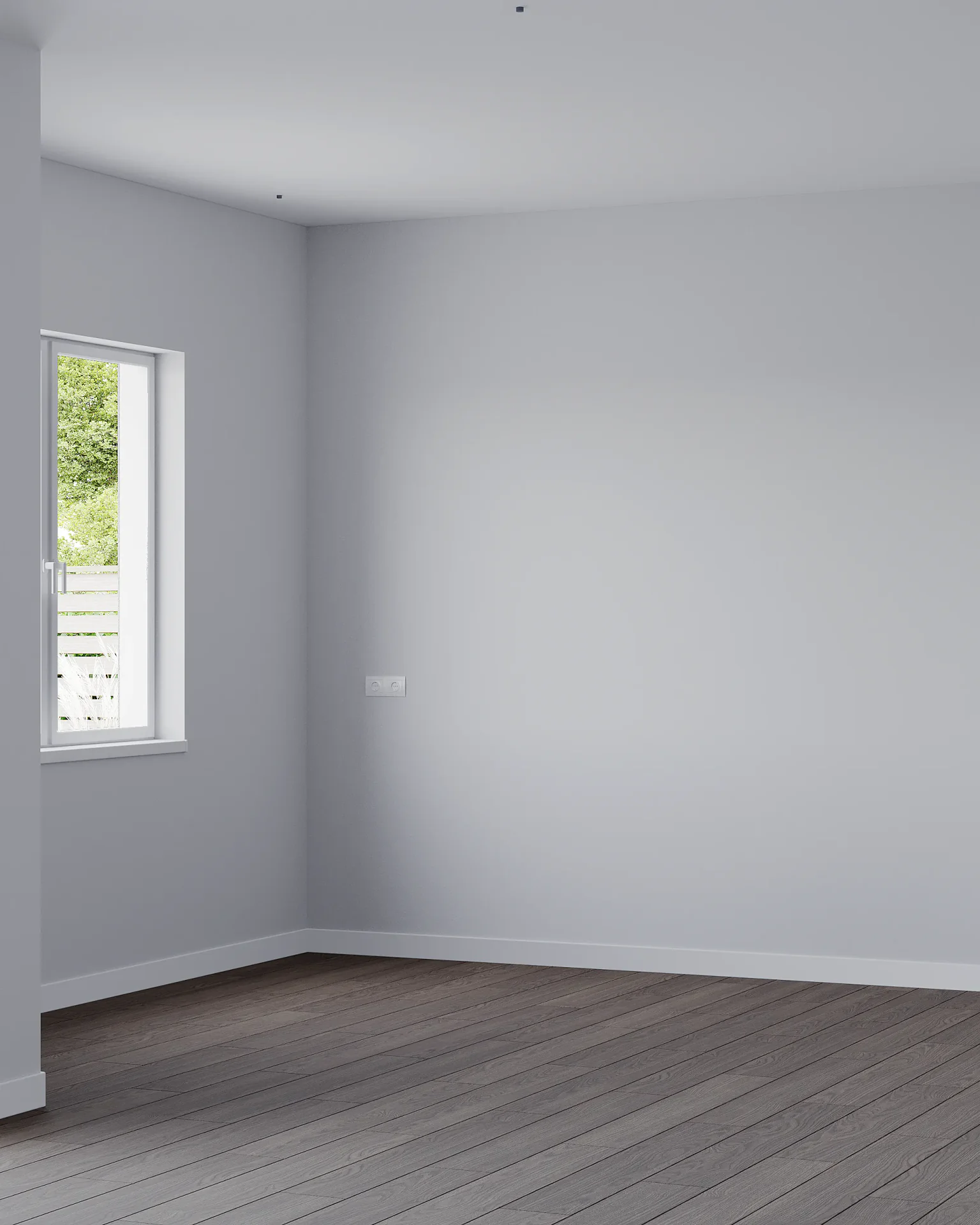 Detail view of kitchen finishes featuring painted walls, parquet, and baseboards.