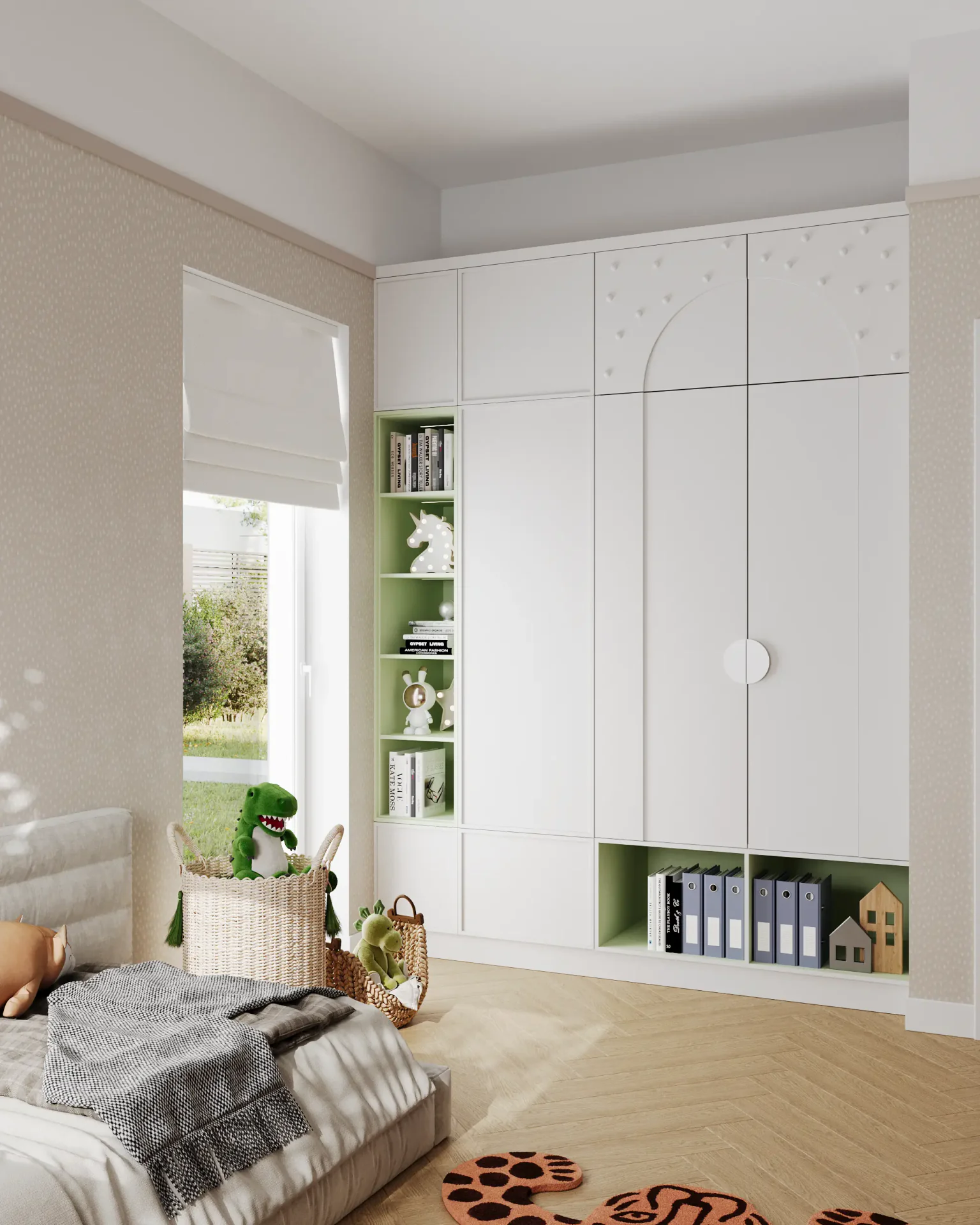 View of a wardrobe, toy baskets, and part of the bed.