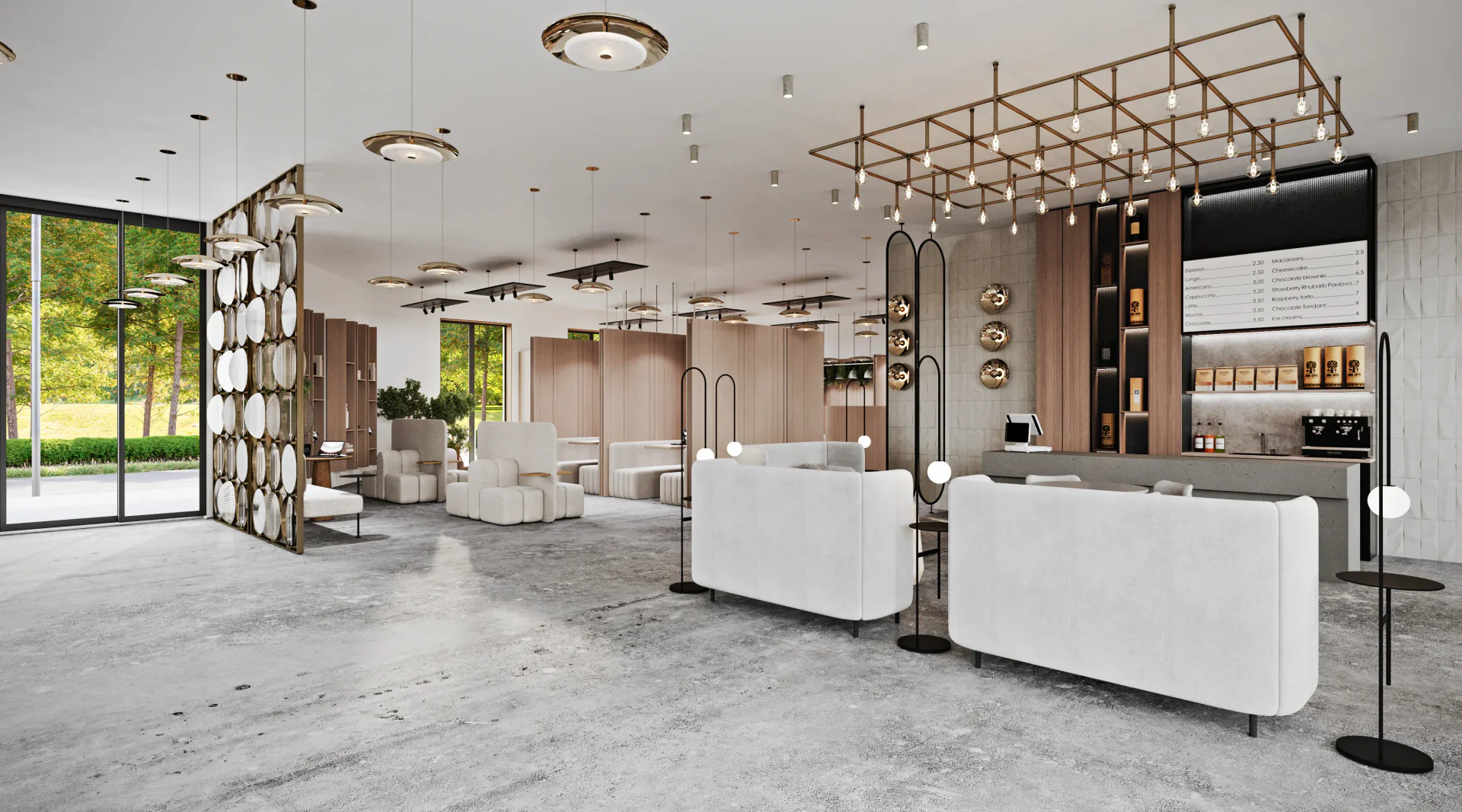 Corner view connecting the cafe's bar and high-back seating with the main entrance lounge.