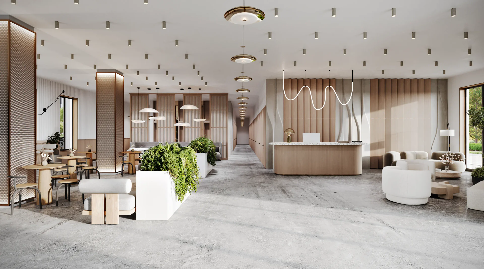 Wide shot of the expansive modern lobby, integrating the cafe, reception, and window lounge area.