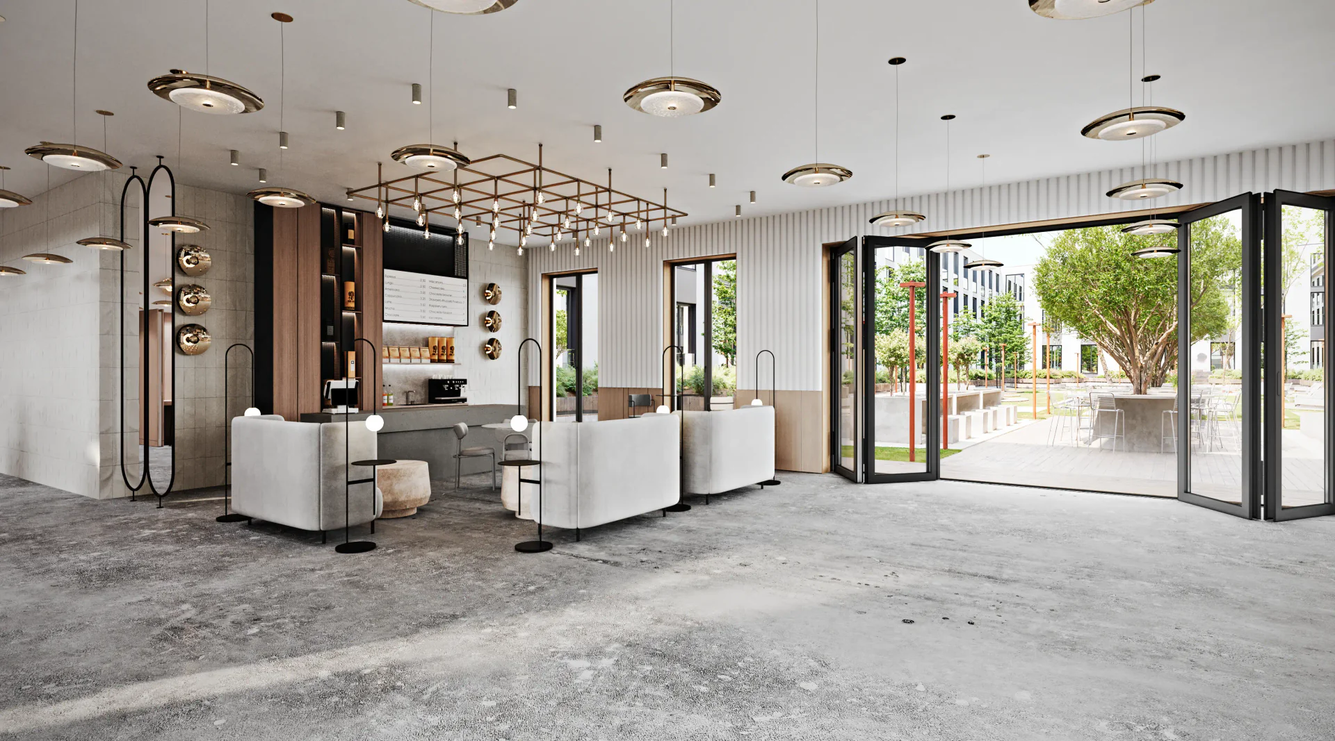 Corner view of the modern cafe, showing the sleek bar, high-back seating, and courtyard entrance.