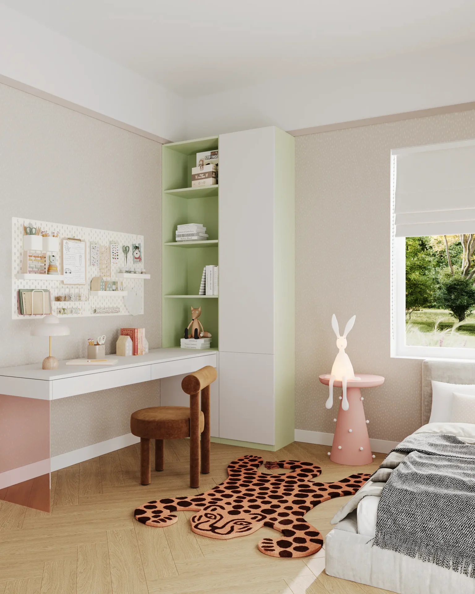 Teen room workspace with a desk, shelving, and small table.