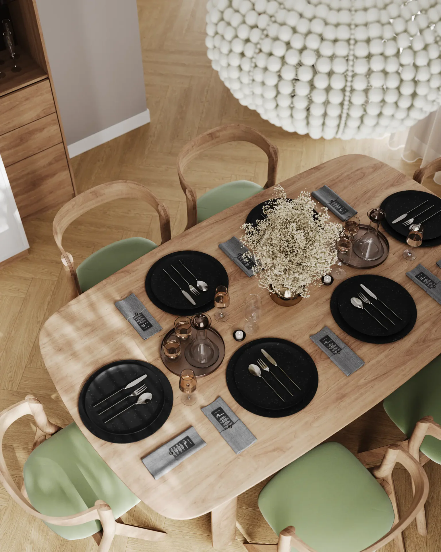 Top-down view of a dining table setting showing tableware details.