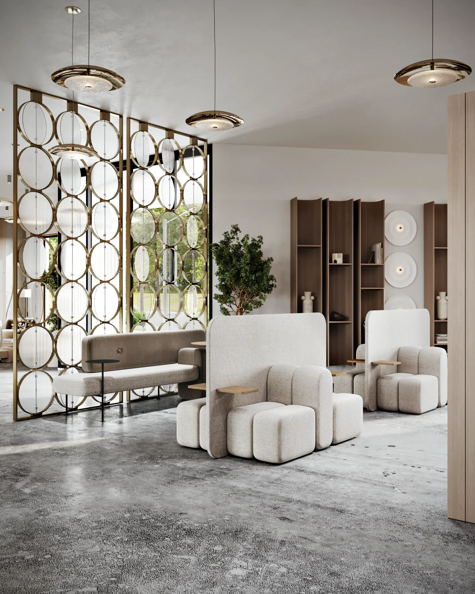 Corner view of the entrance waiting nook, featuring a modern partition and integrated wall shelf.