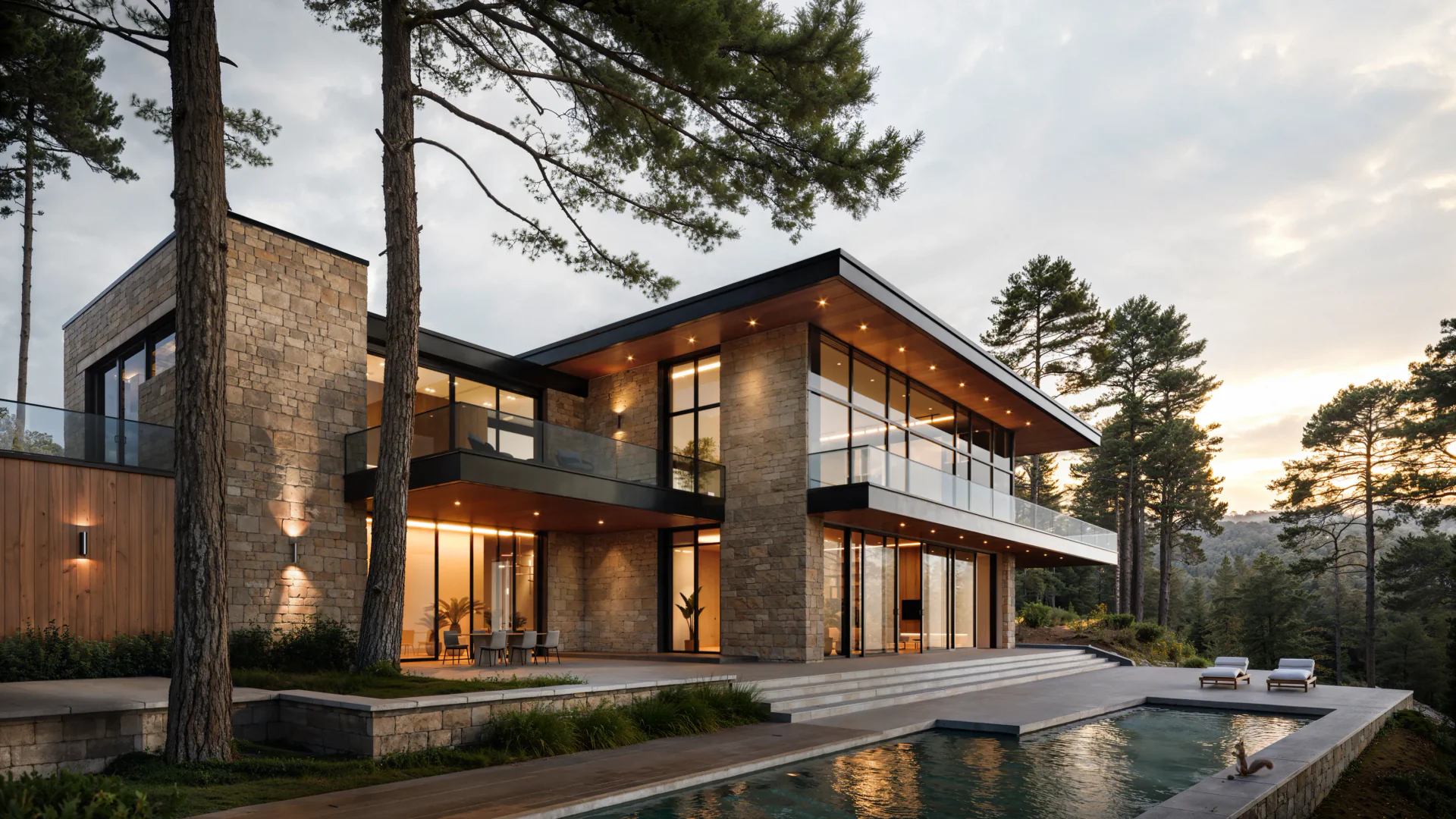 Illuminated villa with a pool in a pine forest at night.