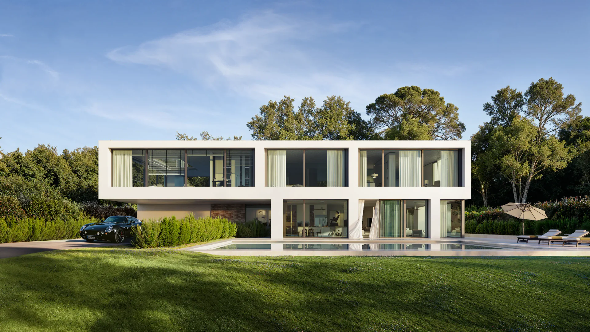Sunny day view of a modern two-story villa with a pool and parking area.