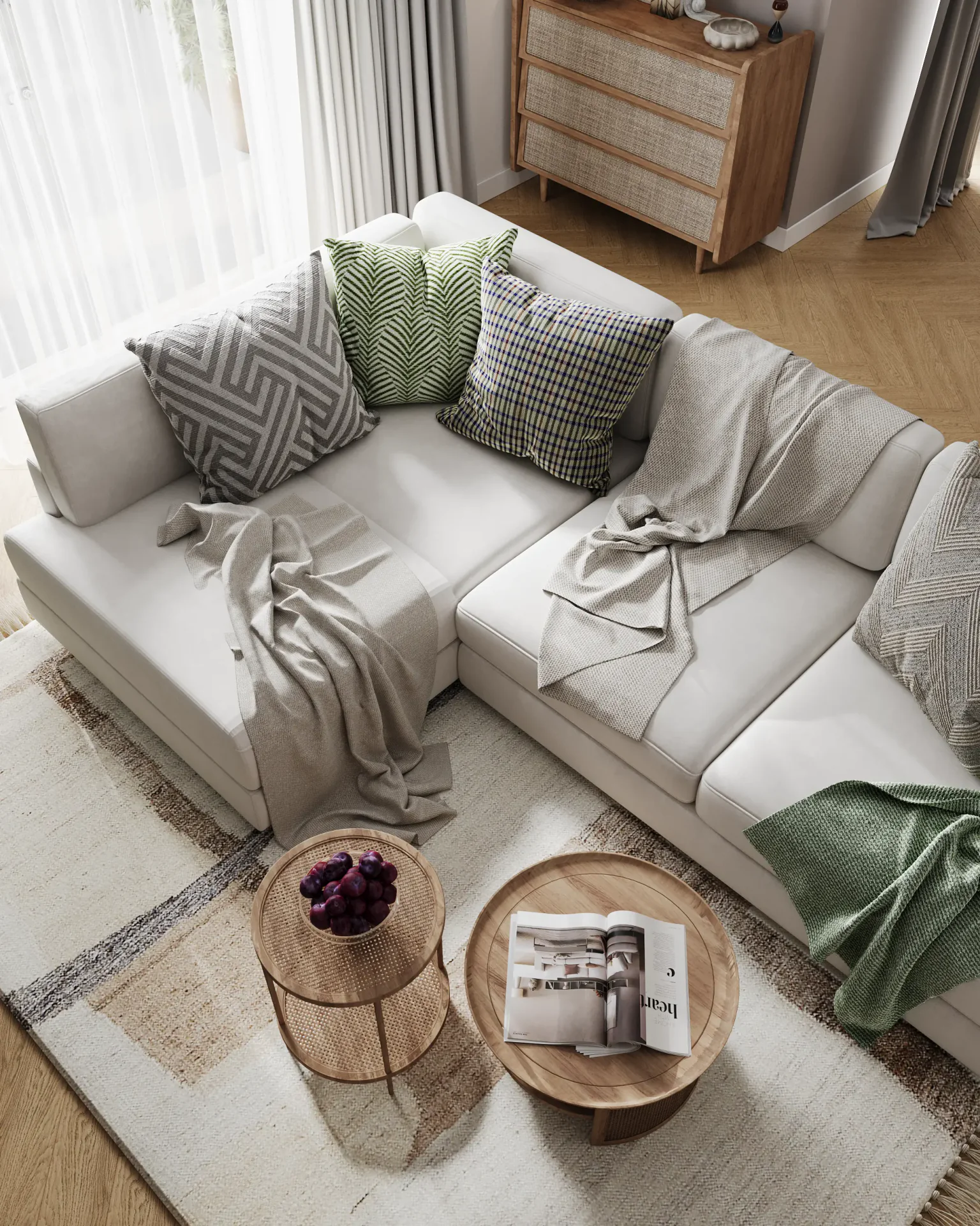 Top-down view of a sofa and coffee table arrangement.