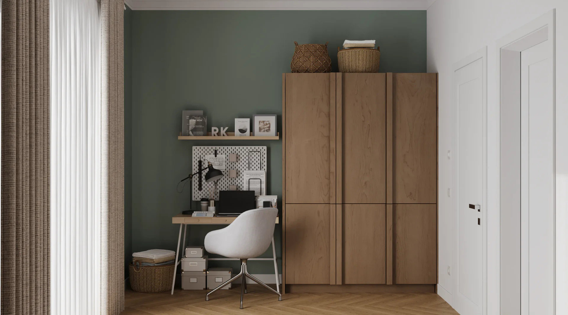 Front view of a workspace desk and wardrobe.