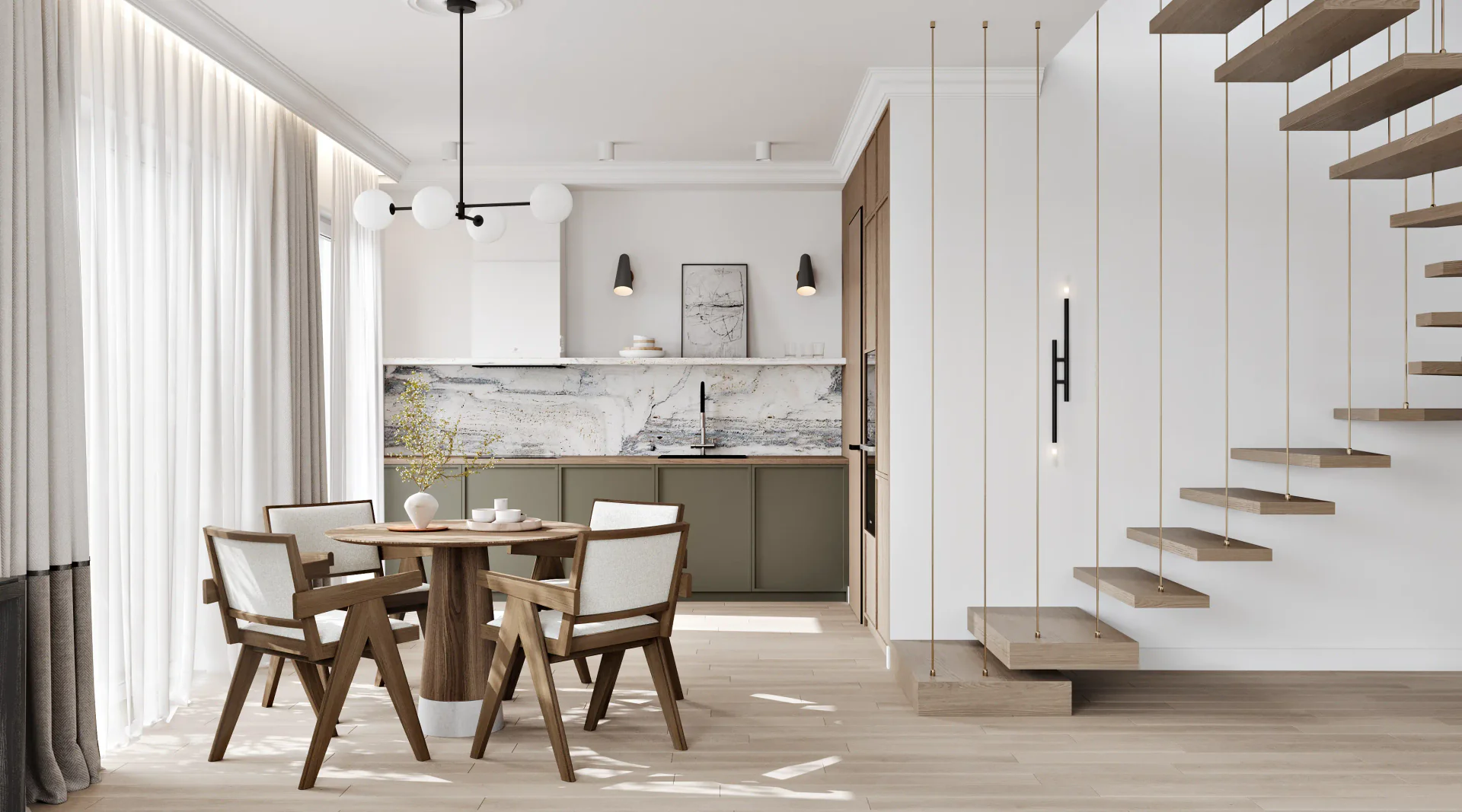 Modern dining area with a view of the kitchen and a staircase leading to the second floor.
