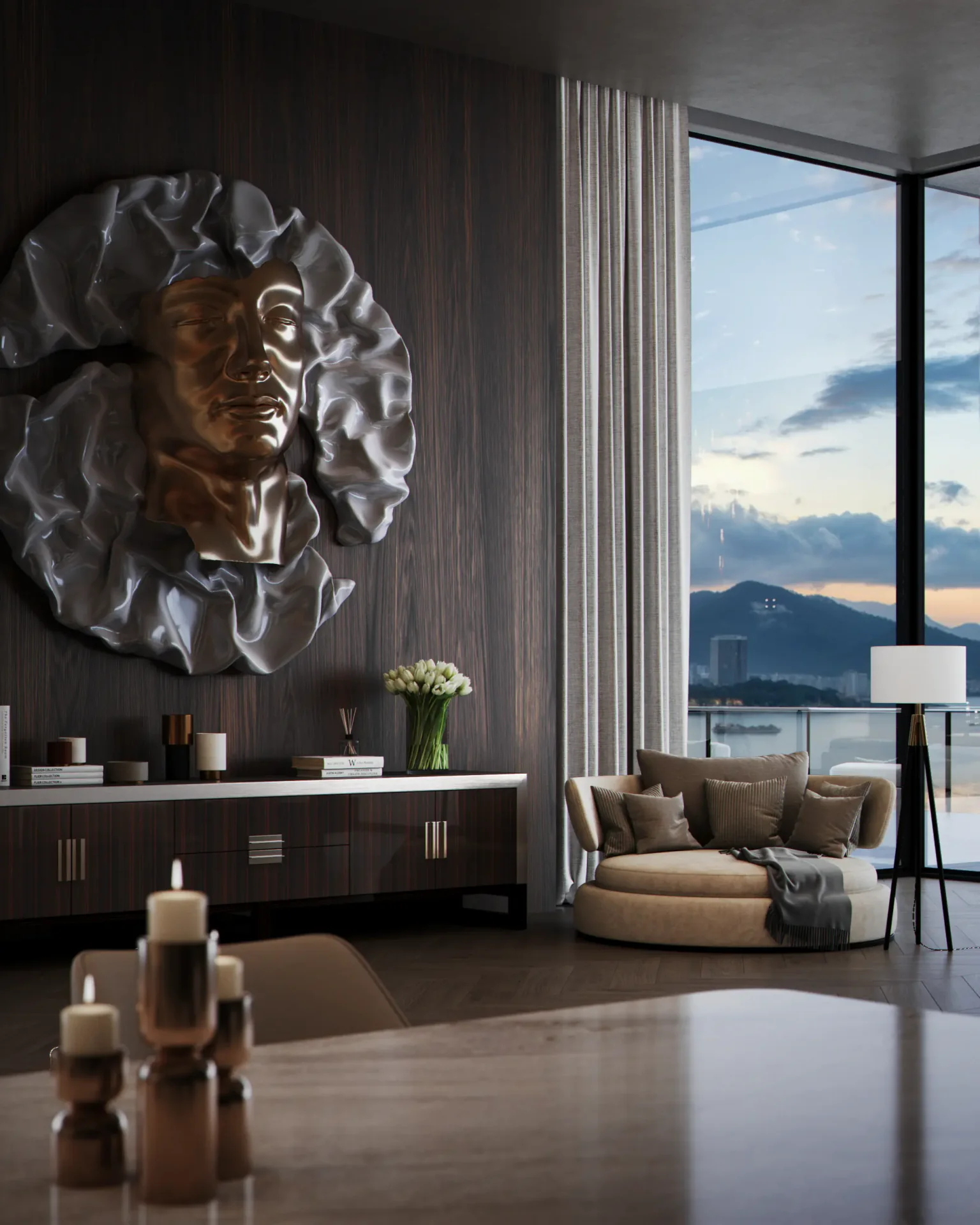 Cozy reading nook by a penthouse window, featuring a modern armchair, a sleek sideboard, and a textured wall panel.