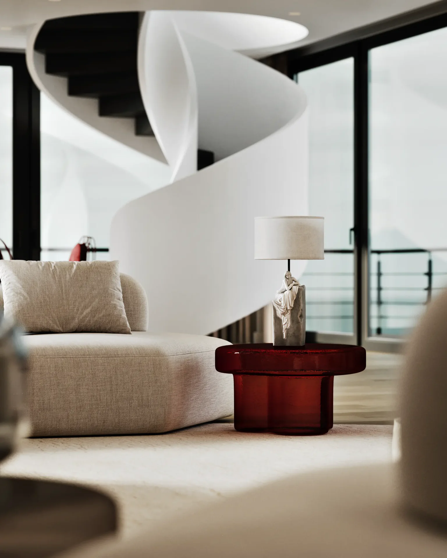 Detail of a modern living room centered on a chic marble coffee table with curated decor.
