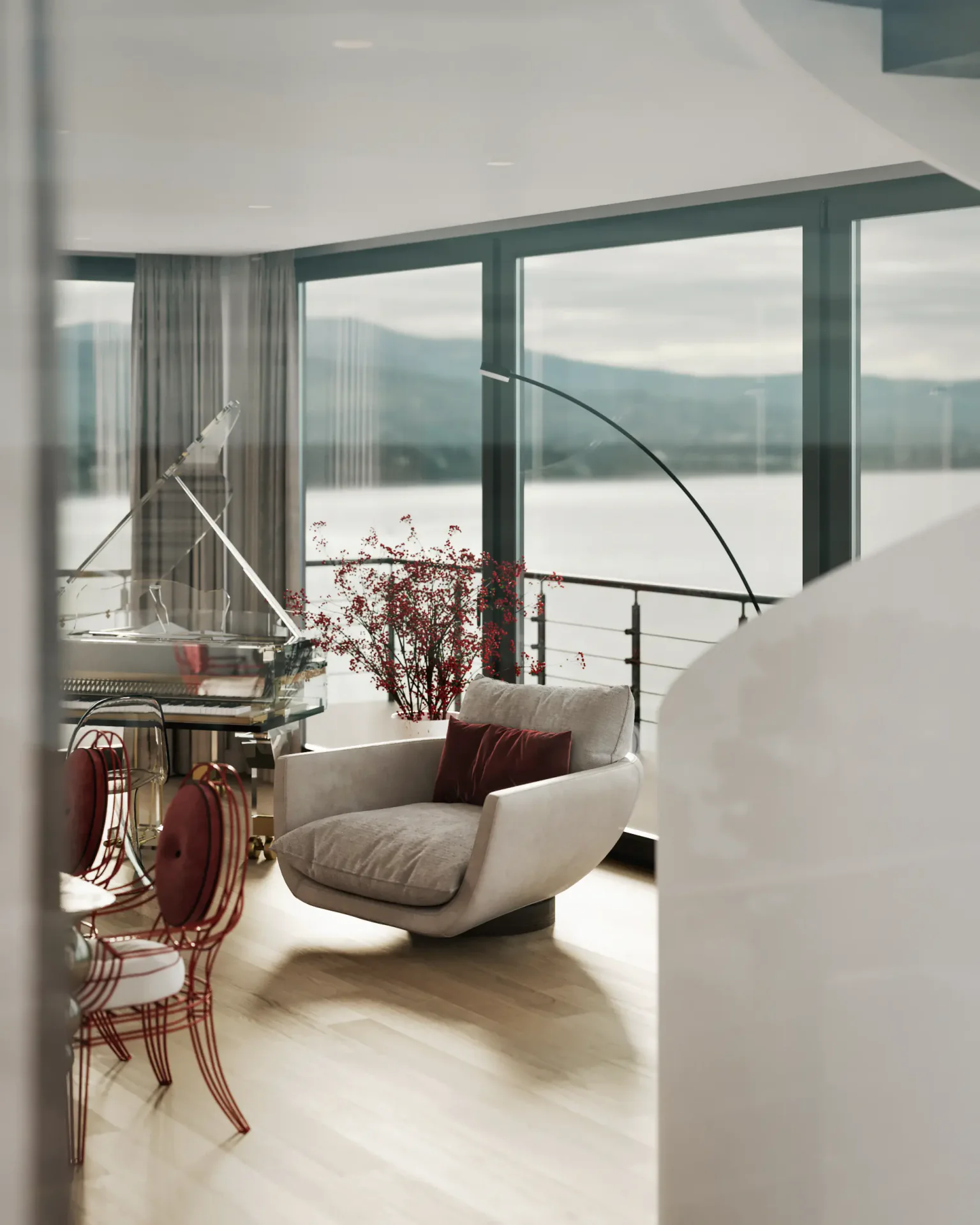 Cozy modern reading nook featuring a stylish armchair bathed in natural light by a large window.