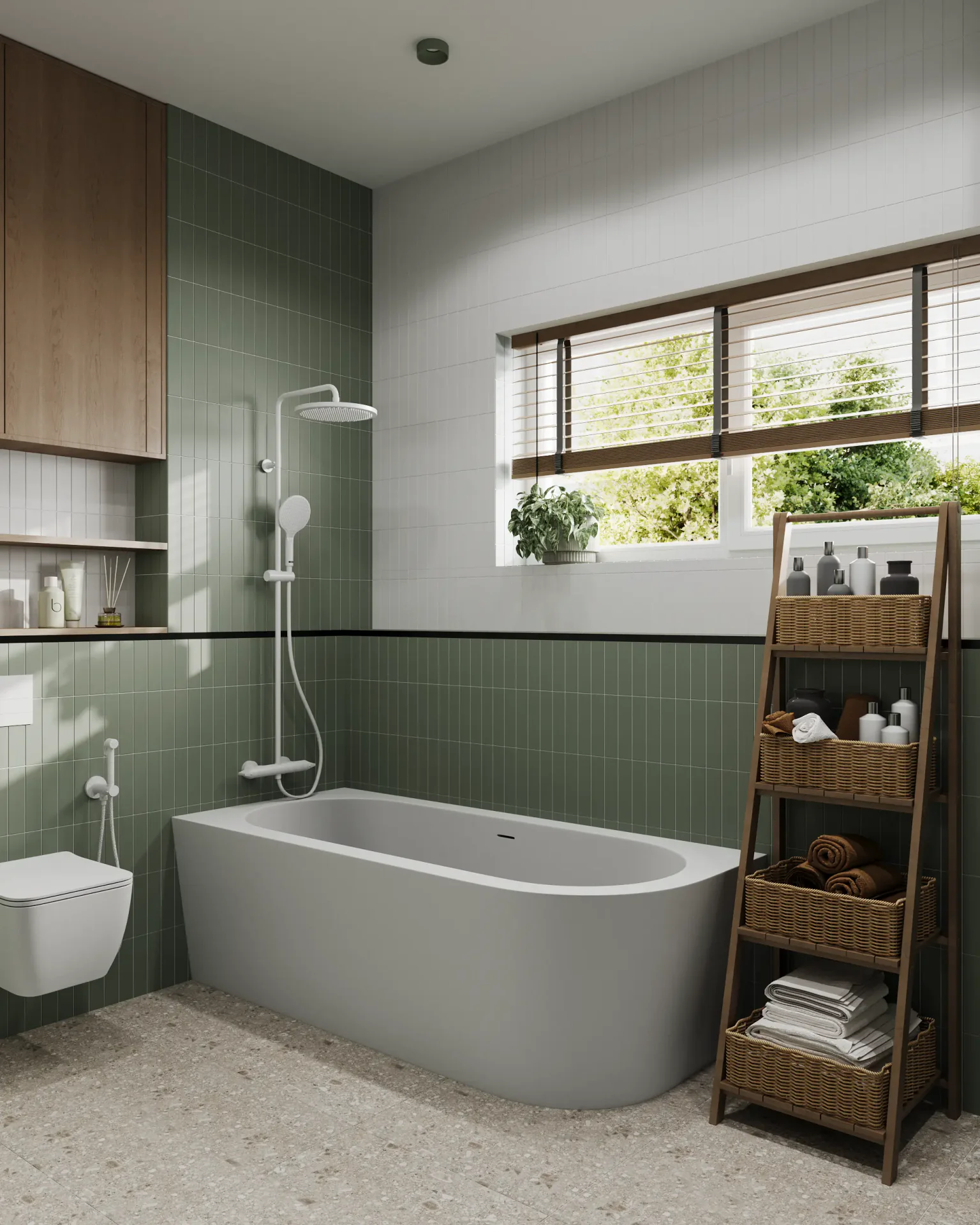 Angled view of a bathroom with storage rack, window, and toilet.