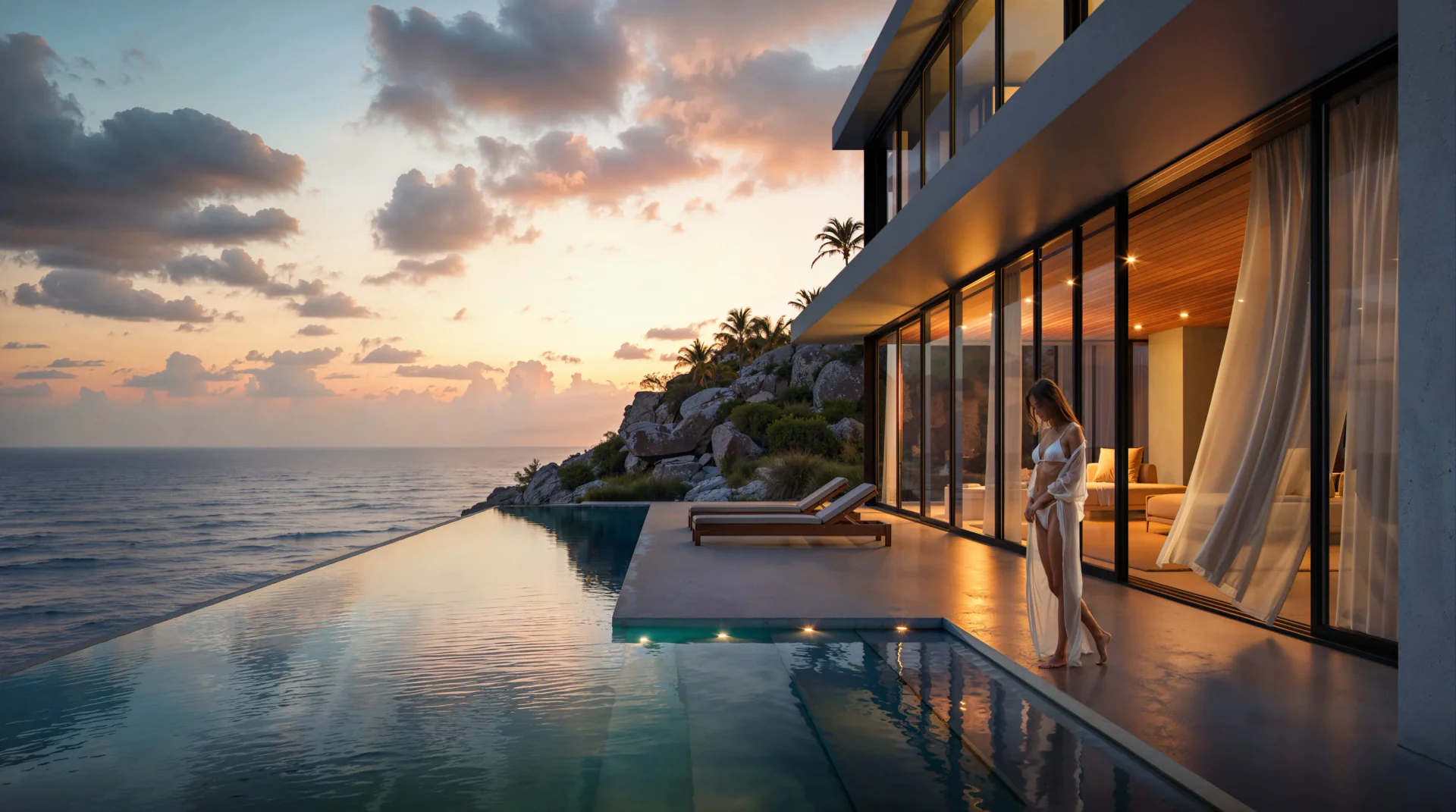 Abendansicht einer Villa am Meer mit einer Frau am Pool.