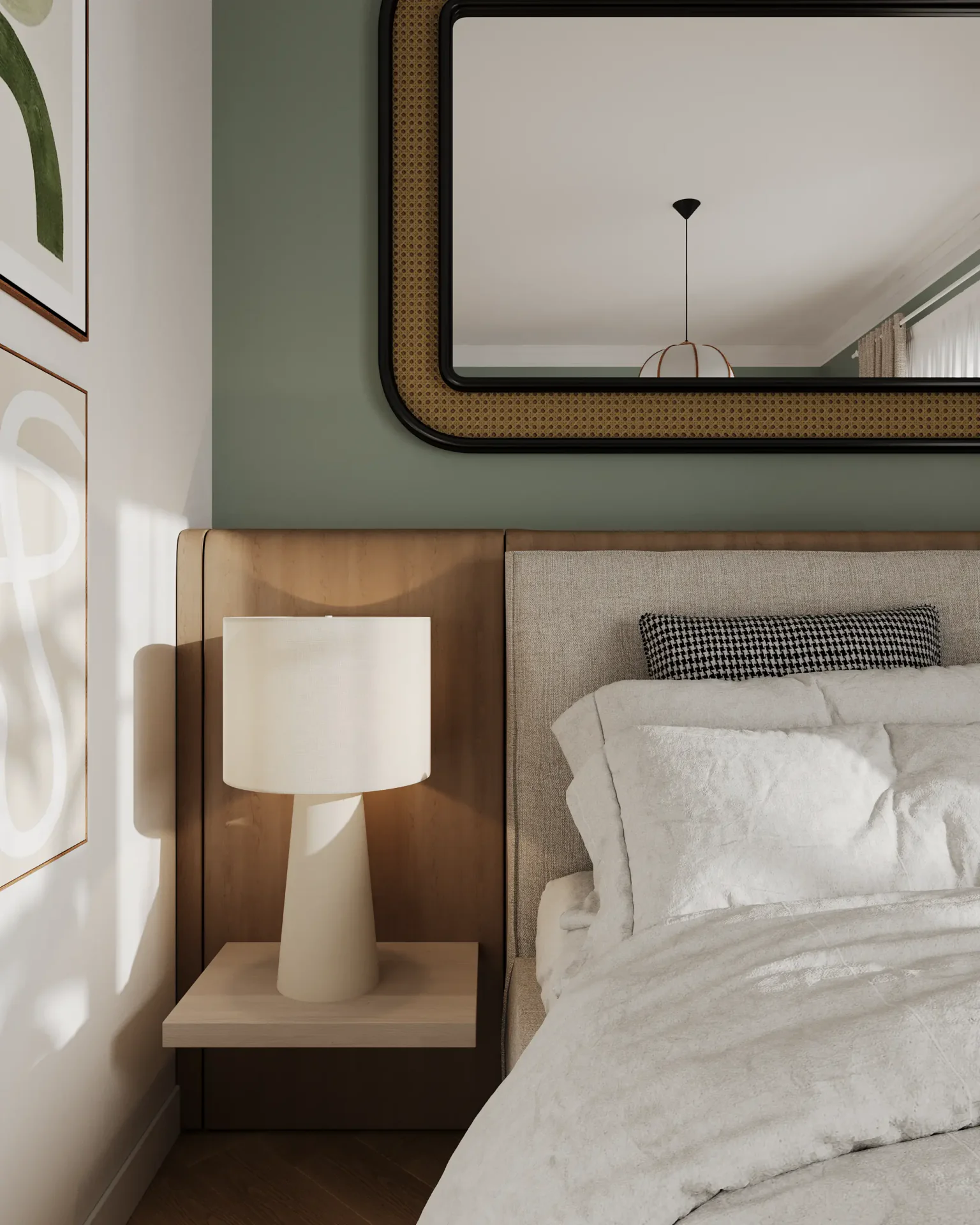 Close-up of a bedside table, lamp, and headboard detail.