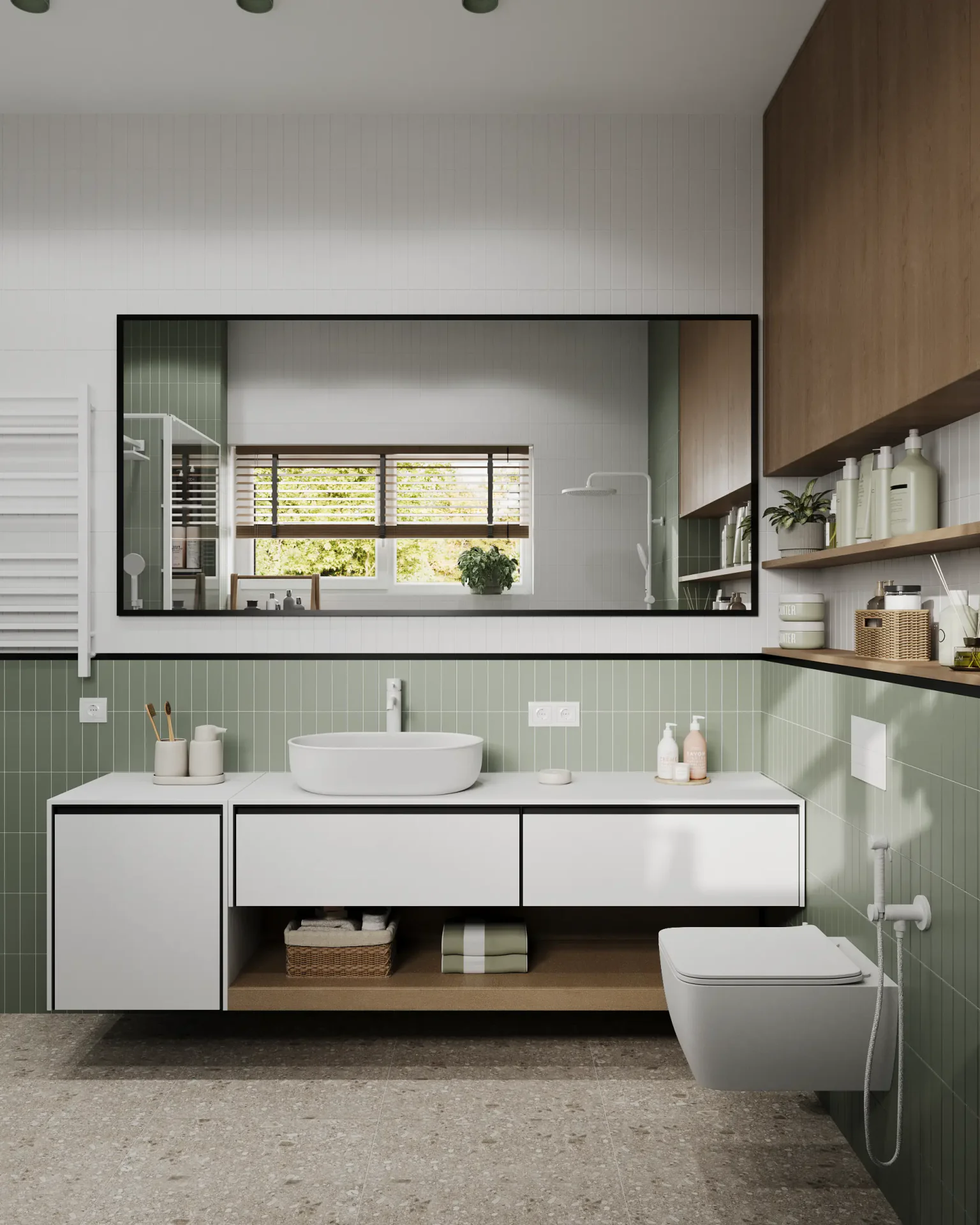 Front view of a sink vanity, mirror, and part of the toilet.