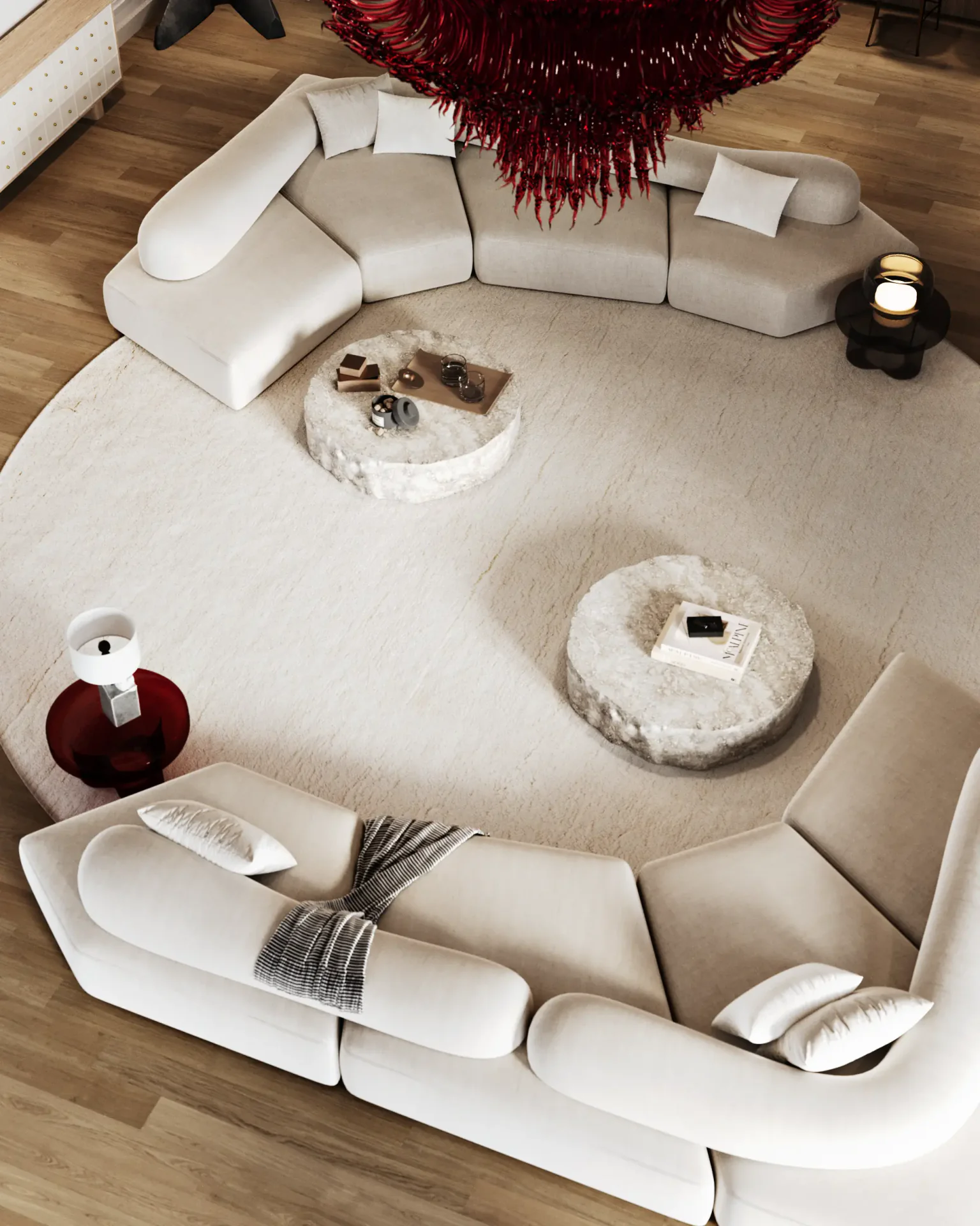 Overhead view of a contemporary sofa arrangement, showcasing the layout and luxurious textures.