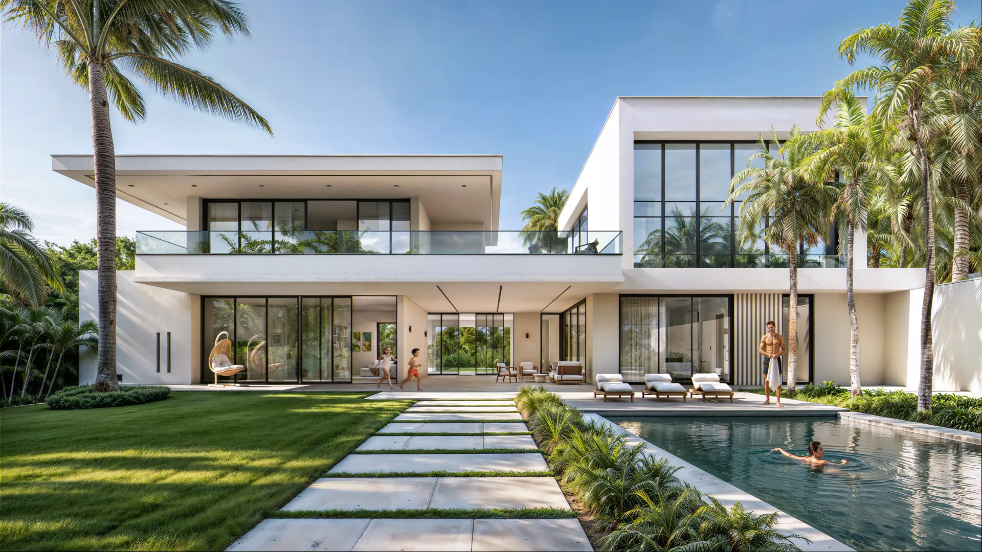 Front view of a white villa with a pool and sun loungers.