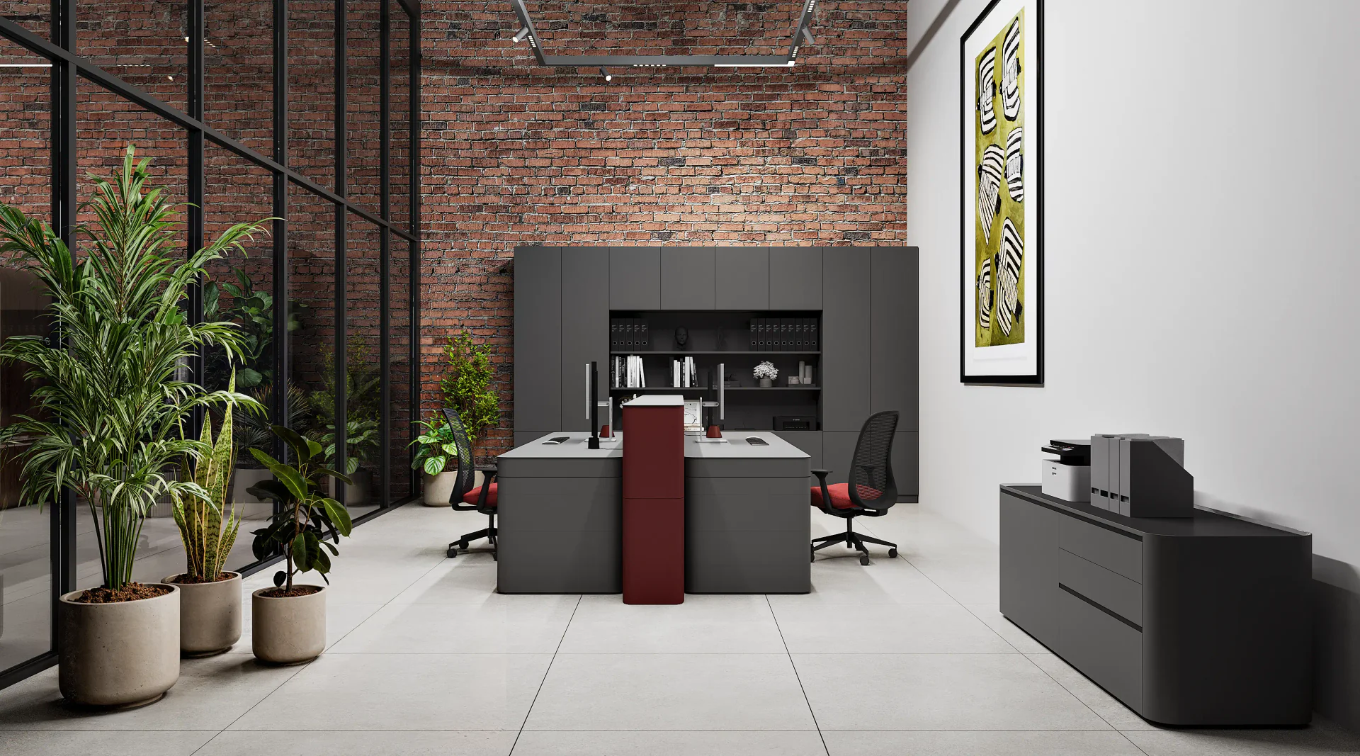 Contemporary private office designed for department heads with ample natural light.