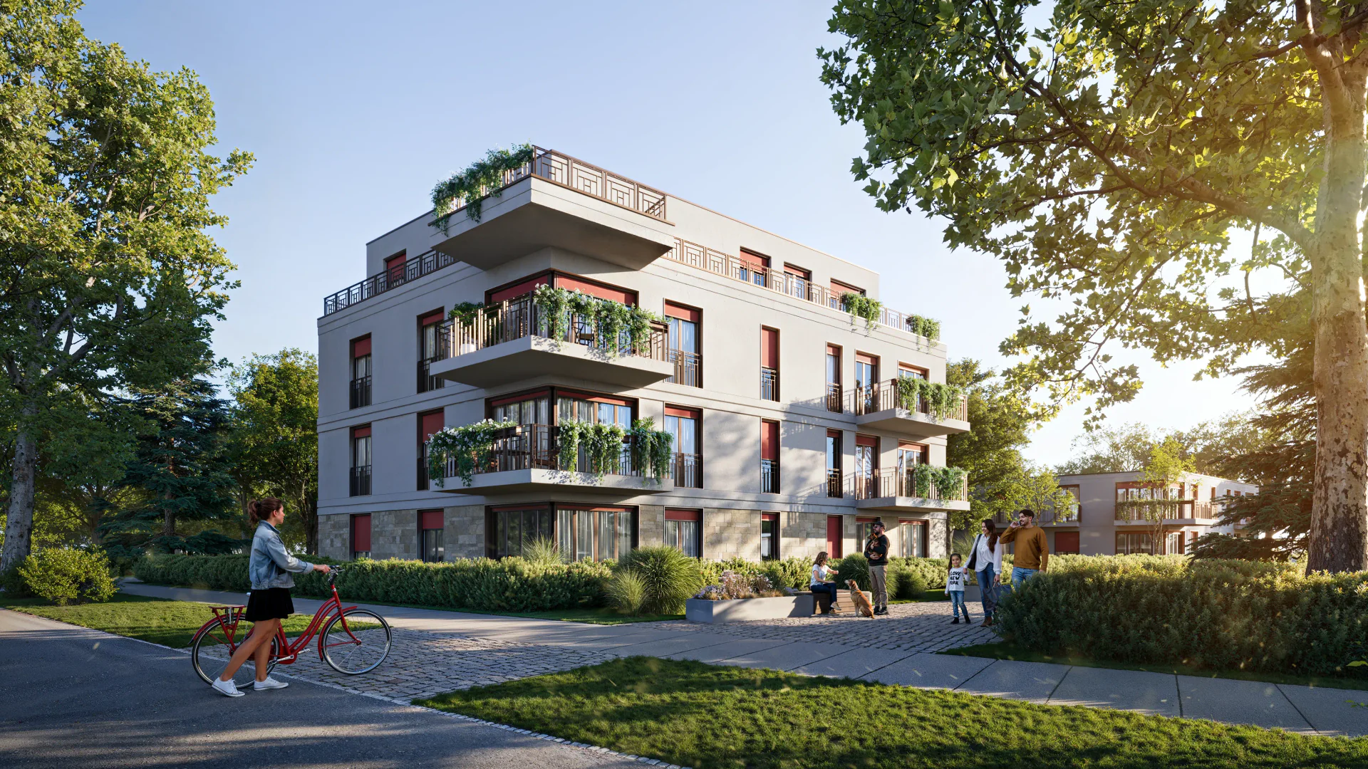 Angled view of a complex facade with balconies and greenery.