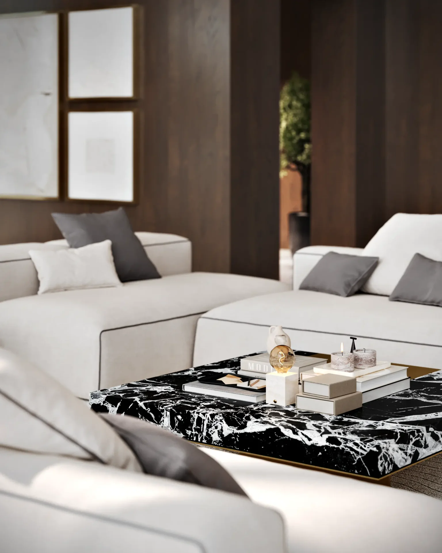 Detailed close-up of a stylish coffee table with decor, set in the main living room.