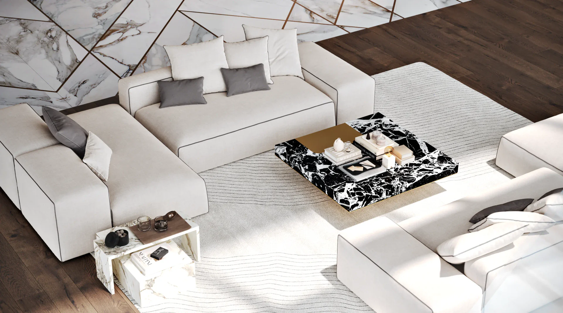 Overhead view of a luxurious living room sofa arrangement in a neoclassical interior.